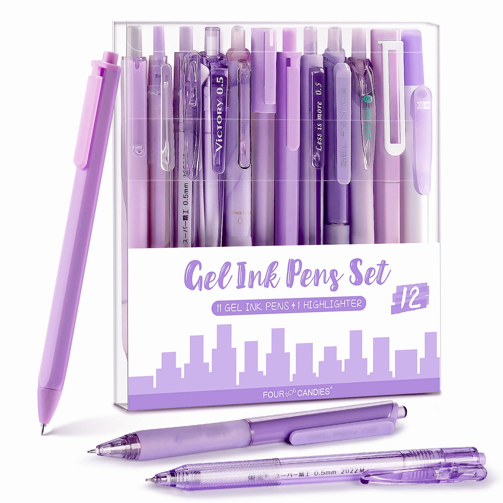 Four Candies Retractable Purple Pen Set, 11Pcs Black Ink Gel Pens(0.5mm), 1Pcs Purple Highlighter, 0.5mm Fine Point for Journaling, Writing and Note-Taking