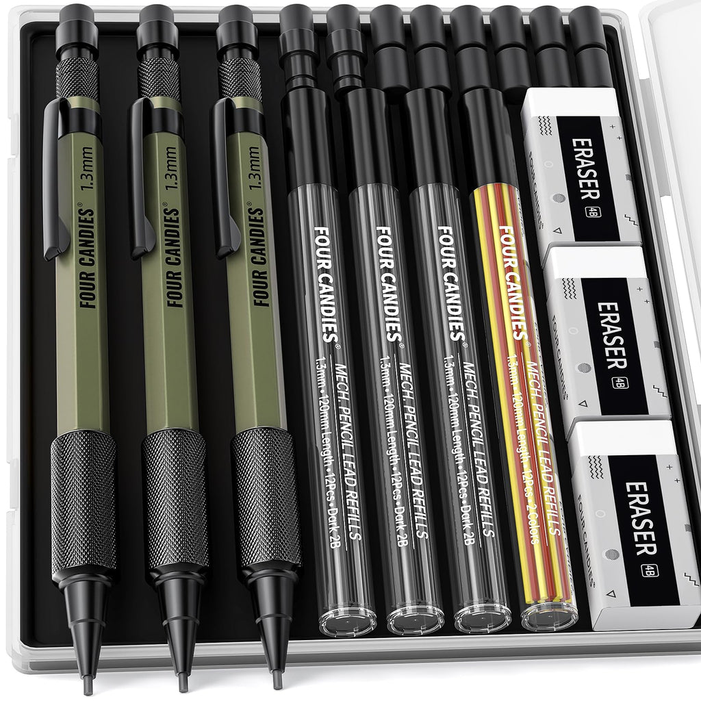 Four Candies 3PCS 1.3mm Mechanical Pencil Set with Case, Metal Heavy Duty Carpenter Pencils with 48 Refill(Red,Black,Yellow) 3Eraser, 12Eraser Refill(Green)