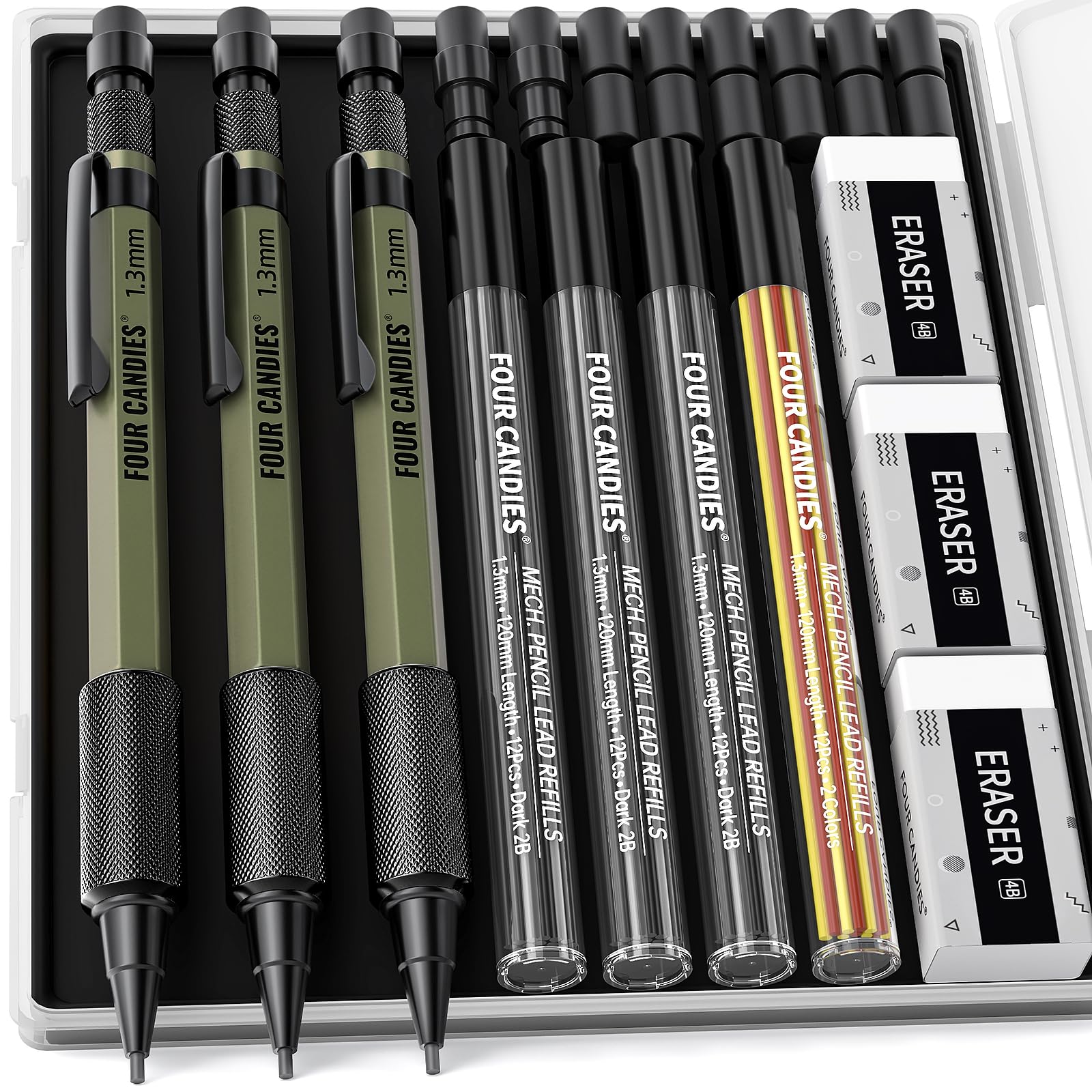 Four Candies 3PCS 1.3mm Mechanical Pencil Set with Case, Metal Heavy Duty Carpenter Pencils with 48 Refill(Red,Black,Yellow) 3Eraser, 12Eraser Refill(Green)
