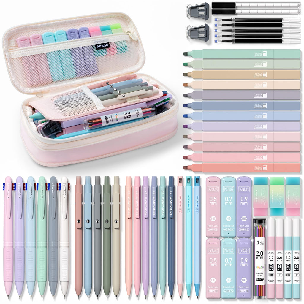 Four Candies 56 PCS Aesthetic Supplies with Large Pencil Case, 6 Colored Ballpoint Pens, 12 Pastel Highlighters, 5 Black Ink Gel Pens, 9 Mechanical Pencils 0.5-2.0mm Essentials (Pink)