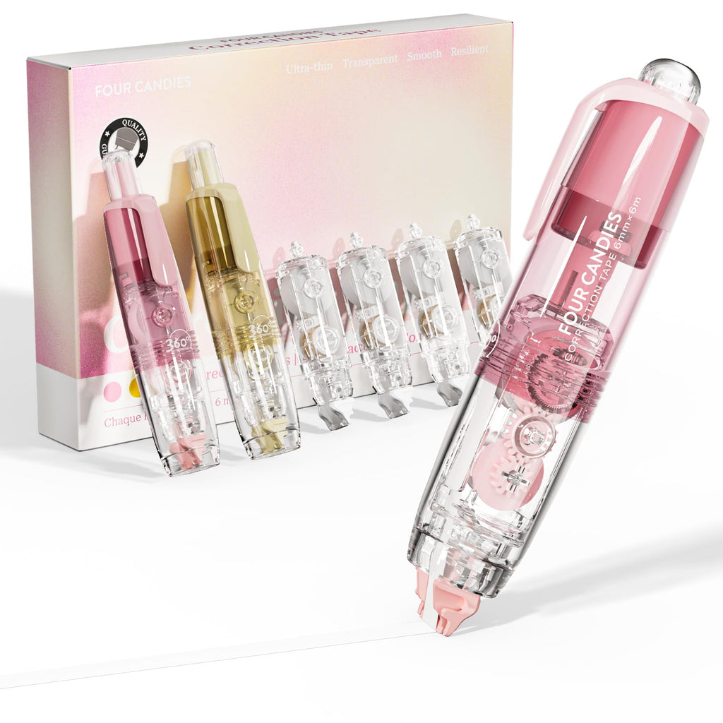 Four Candies Refillable Retractable White Out Correction Tape, 2PCS Cute White Out with 4 Extra Refills, Easy to Use Mini Aesthetic Pen Shaped Applicator for Office Supplies (Pink Apricot)