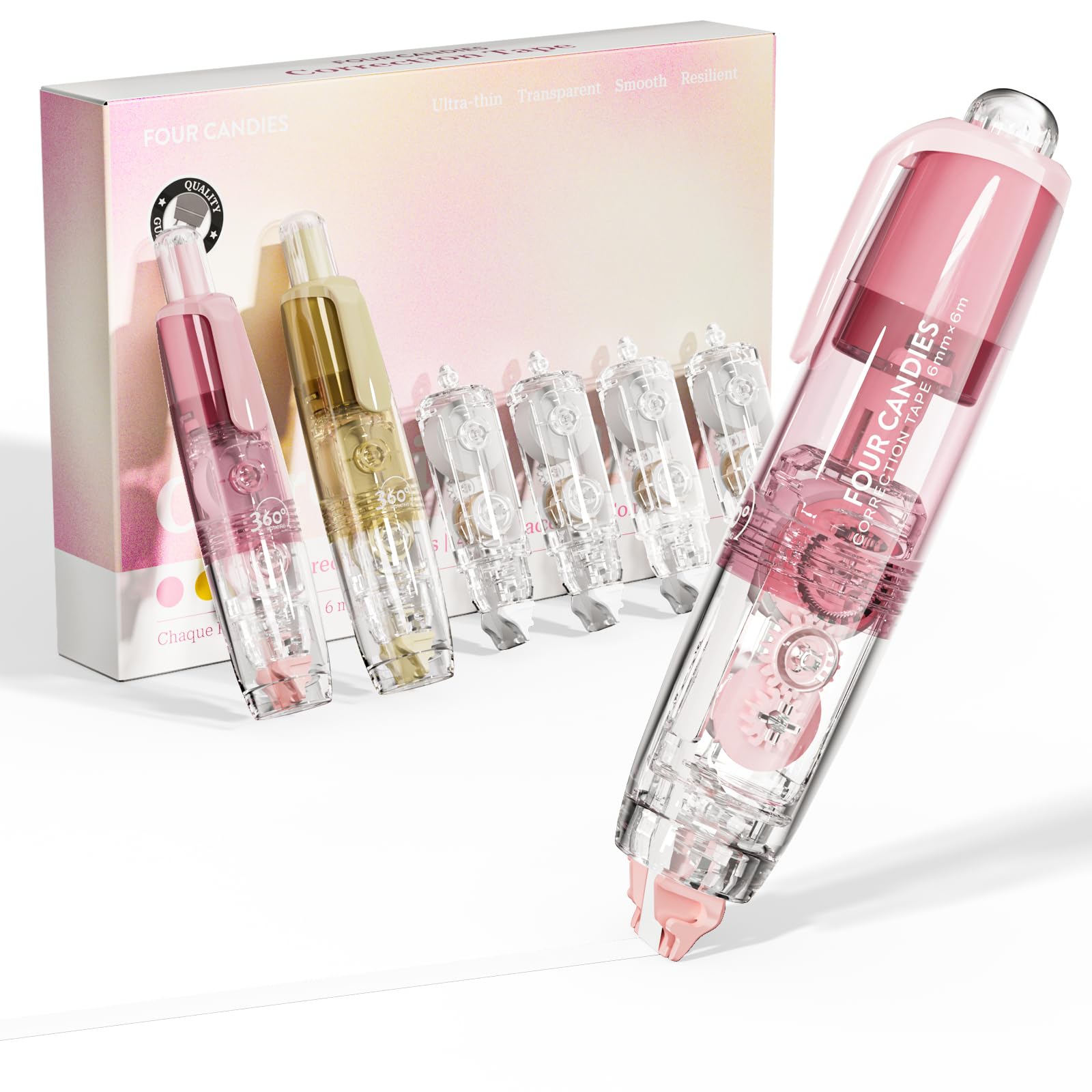 Four Candies Refillable Retractable White Out Correction Tape, 2PCS Cute White Out with 4 Extra Refills, Easy to Use Mini Aesthetic Pen Shaped Applicator for Office Supplies (Pink Apricot)