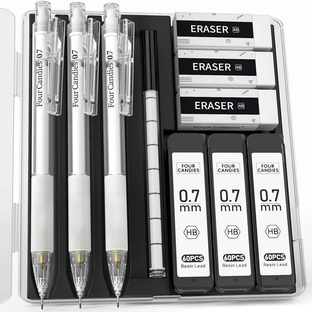 Four Candies Mechanical Pencil Set with Case and Lead, 3Pcs 0.7mm Mechanical Pencils, 180Pcs High Quality Leads, 3Pcs Erasers and Refills, Cool Mechanical Pencil for Drawing, Drafting, Sketching