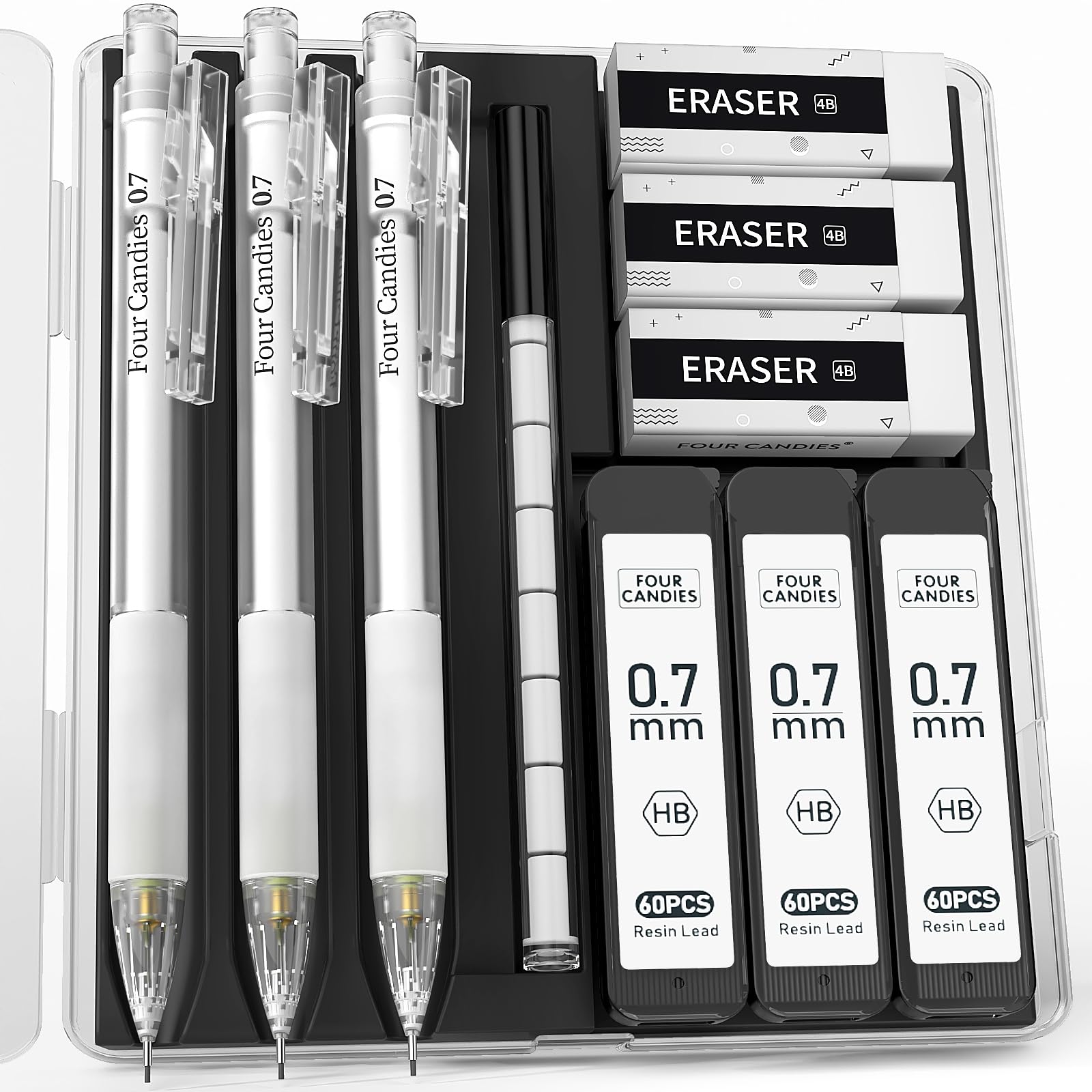 Four Candies Mechanical Pencil Set with Case and Lead, 3Pcs 0.7mm Mechanical Pencils, 180Pcs High Quality Leads, 3Pcs Erasers and Refills, Cool Mechanical Pencil for Drawing, Drafting, Sketching
