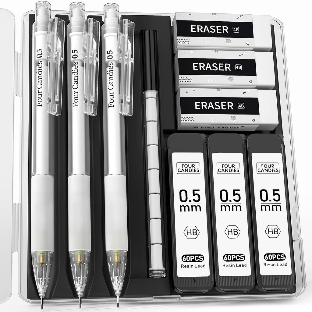 Four Candies Mechanical Pencil Set with Case and Lead, 3Pcs 0.5mm Mechanical Pencils, 180Pcs High Quality Leads, 3Pcs Erasers and Refills, Cool Mechanical Pencil for Drawing, Drafting, Sketching