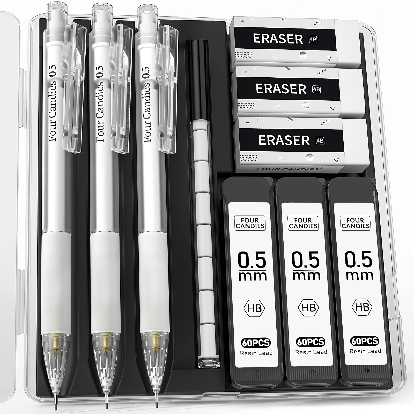 Four Candies Mechanical Pencil Set with Case and Lead, 3Pcs 0.5mm Mechanical Pencils, 180Pcs High Quality Leads, 3Pcs Erasers and Refills, Cool Mechanical Pencil for Drawing, Drafting, Sketching