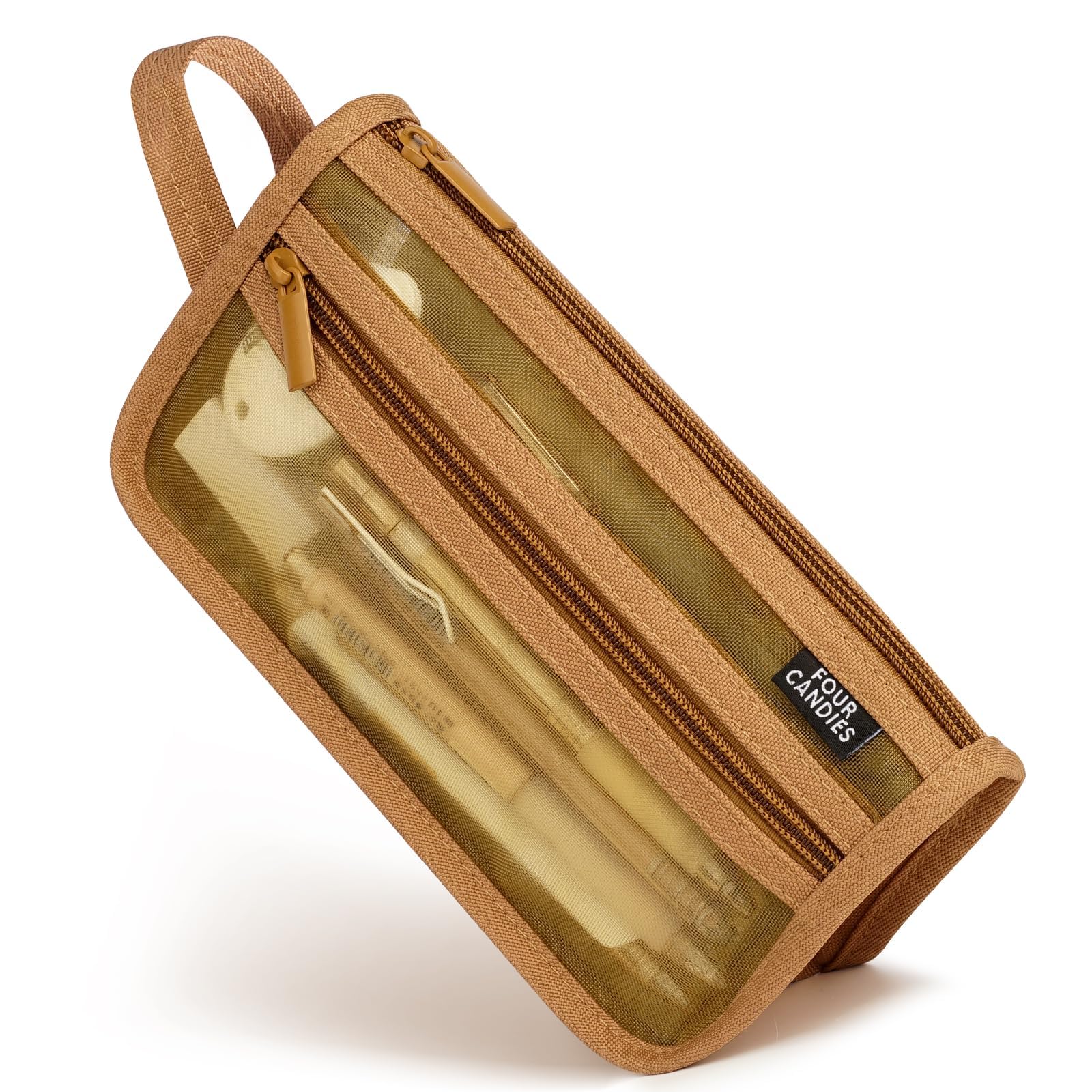Four Candies Large Capacity Pencil Case, Pencil Case with Zipper, Organized Pencil Cases for Adults, Handheld Pen Bag, Portable Cute Pencil Case, School Supplies for Kids Girls, Brown