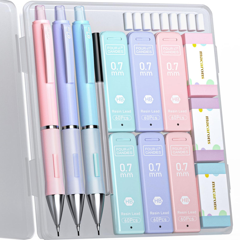 Four Candies Pastel Mechanical Pencil Set for Drawing & Writing,3PCS 0.7mm Mechanical Pencils with 360PCS HB Lead Refills, 3PCS Erasers and 9PCS Eraser Refills
