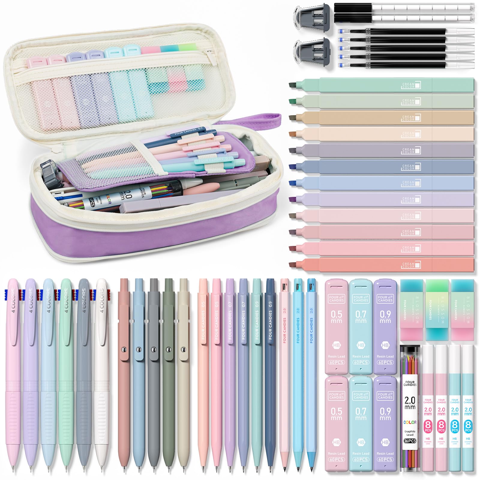 Four Candies 56 PCS Aesthetic Supplies with Pencil Case, 6 Multicolor Pen, 12 Pastel Highlighters, 5 Gel Pens Black Ink, 9 Mechanical Pencils for Stationary Set Preppy Stuff (Purple)
