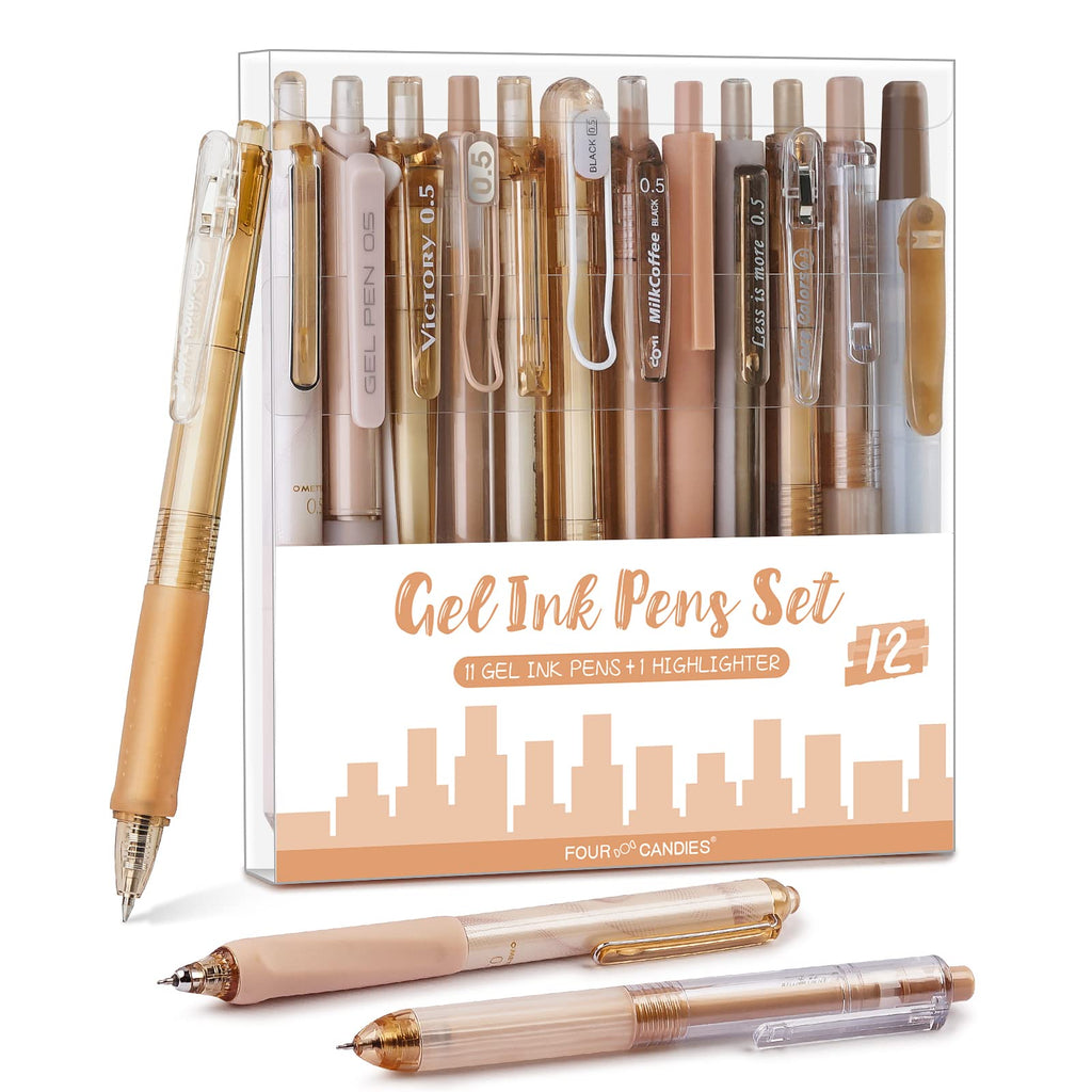 Four Candies Retractable Pen Set, 11Pcs Black Ink Gel Pens(0.5mm), 1Pcs Highlighter, 0.5mm Fine Point for Journaling, Writing and Note-Taking(Brown)