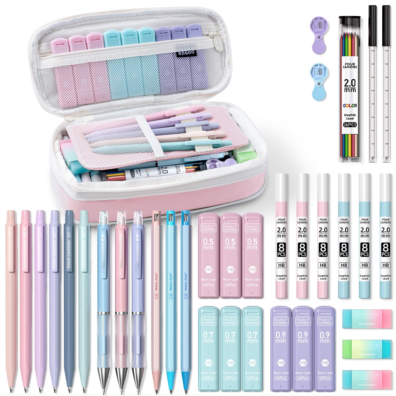 Four Candies 36PCS Aesthetic Supplies in Large Capacity Pencil Case, 12PCS Mechanical Pencils 0.5-2.0mm with 624PCS Lead Refills, Cute Pencils Ideal for Writing, Drawing & Drafting (Pink)