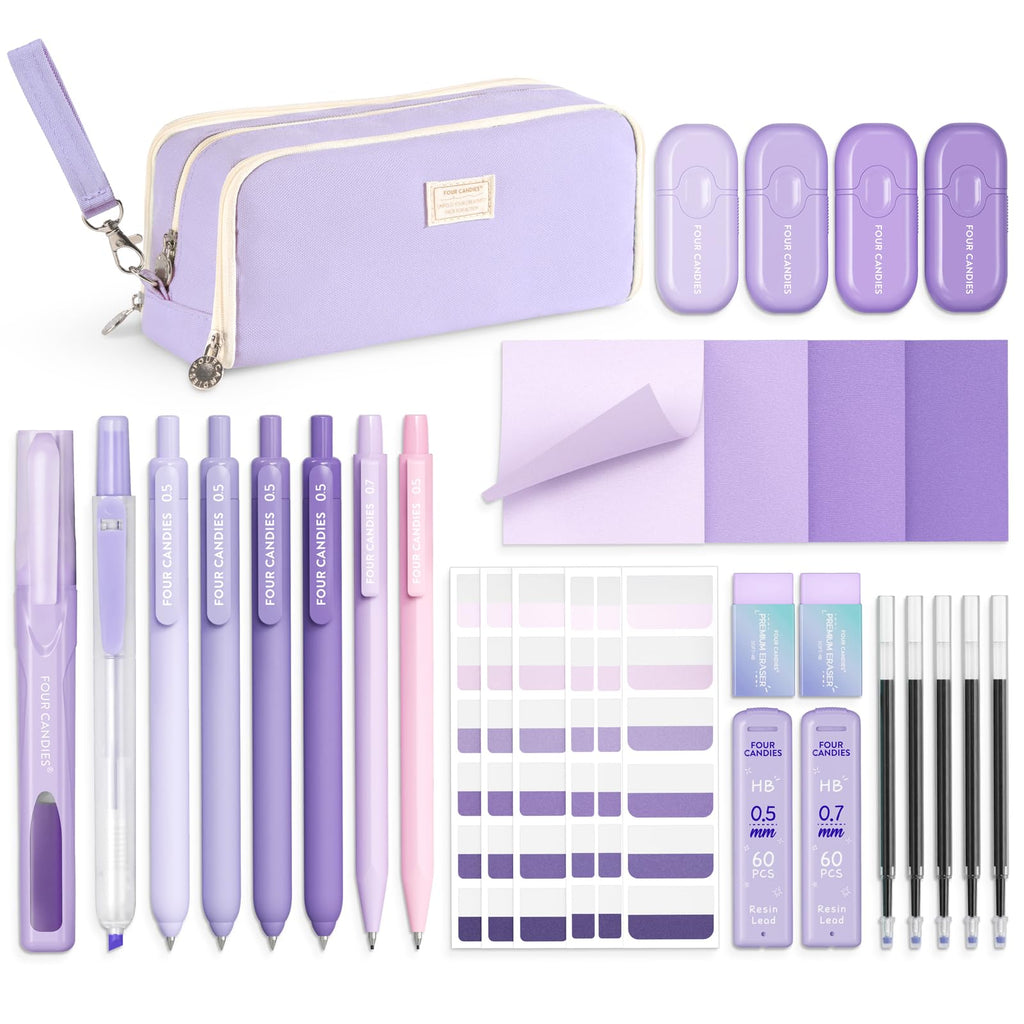 Four Candies Aesthetic Supplies, 4 Gel Pens with Black Ink, 4 Correction Tapes, 2 Pastel Highlighters, 2 Mechanical Pencils, Sticky Notes, Index Post for Bible Supplies with Case Purple