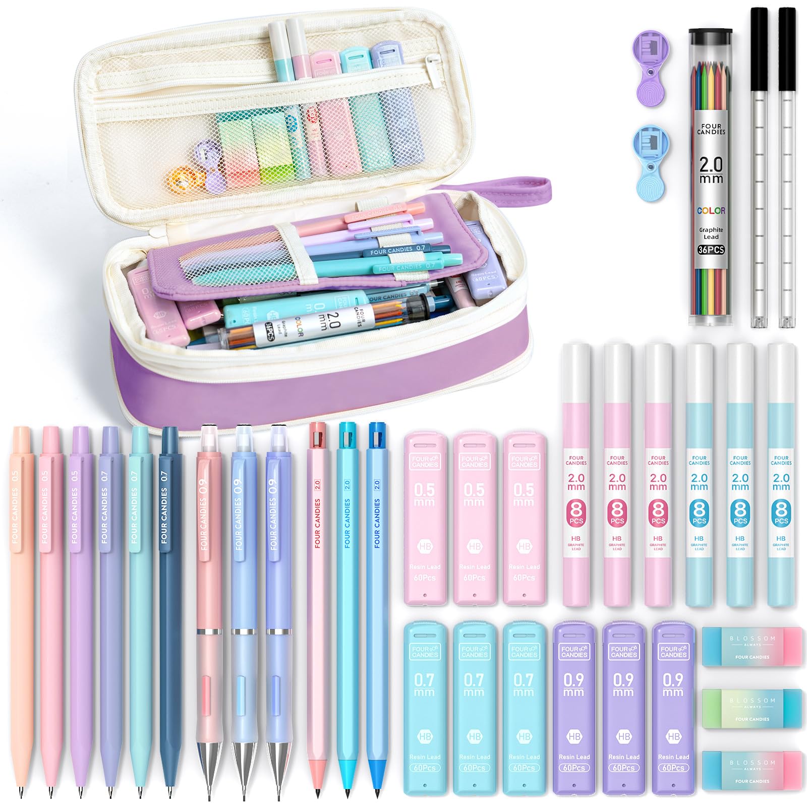 Four Candies 36PCS Aesthetic Supplies, Mechanical Pencil Set 0.5mm, 0.7mm, 0.9mm & 2.0mm with 624 Lead Refills, for Writing & Drawing, Ideal Stationary Set Gift (Purple