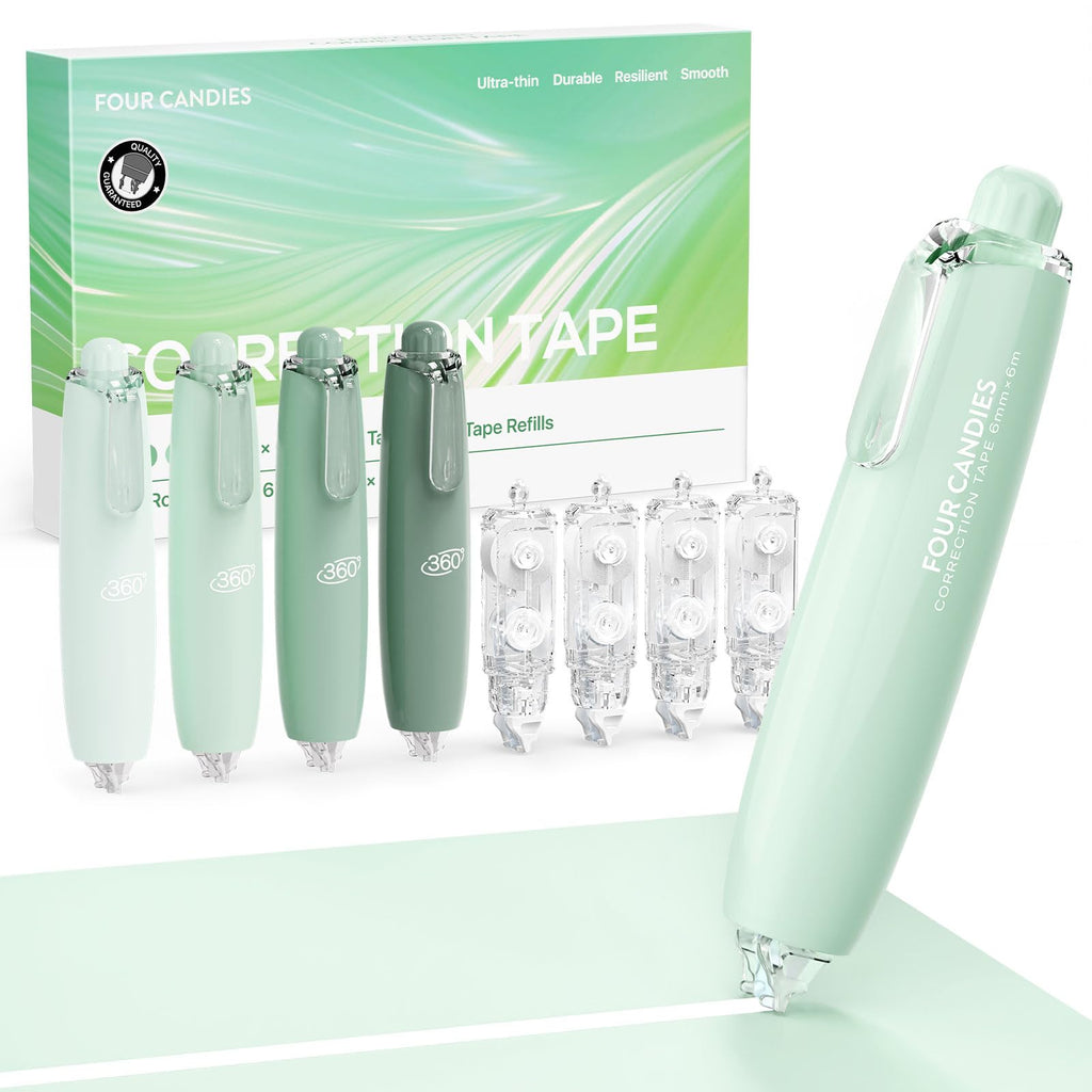Four Candies 6MM Retractable White Correction Tape, 4PCS White Smooth Pull Out Correction Tape with 4 Extra Refills,Tear-Resistant Tape Pen & Quick Drying (Green)