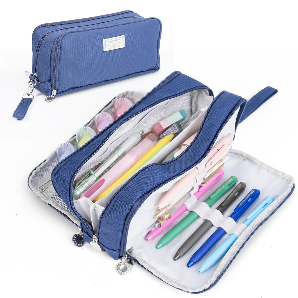 Four Candies Pencil Case 3 Compartment, Large Pencil Case with Removable Handle & Zipper, Cute Stationery Organizer for Markers, Makeup Bag, Cute Pencil Bag for Office College, Navy Blue