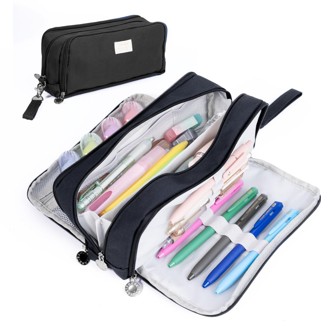 Four Candies Pencil Case 3 Compartment Pouch, Large Pencil Case for Women, Black, Removable Handle & Zipper, Cute Pencil Bag for Office, College