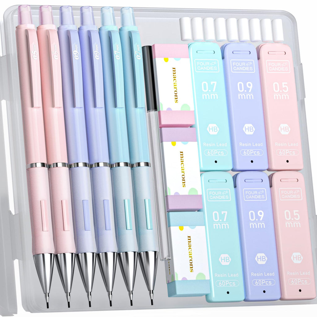 Four Candies Pastel Mechanical Pencil Set - 6PCS 0.5 & 0.7 & 0.9 mm Pencils with 360PCS HB Lead Refills, 3 Erasers and 9 Eraser Refills