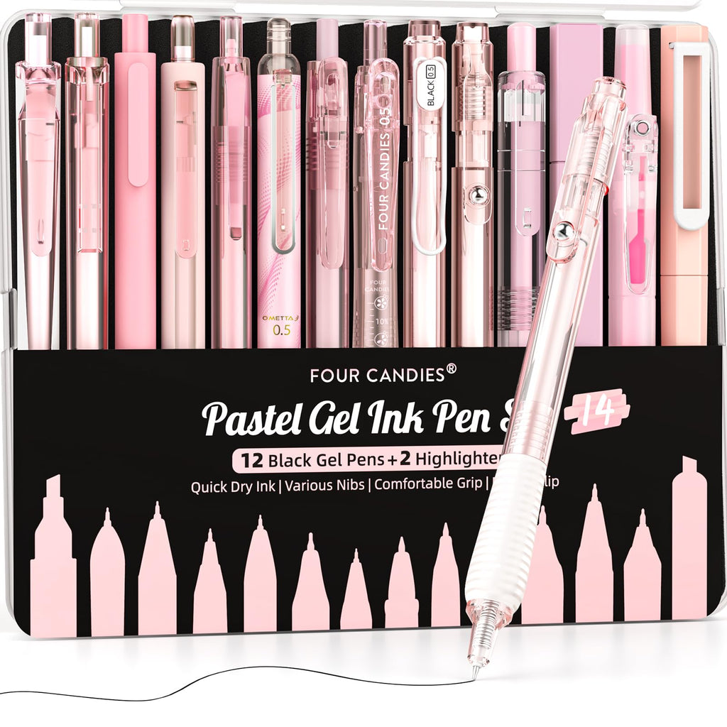 Four Candies 14Pack Pastel Gel Ink Pen Set,Cute Retractable 0.5mm Fine Point Pen,12 Pack Black Ink Pens with 2Pack Highlighter, Smooth Writing Pens(Pink)