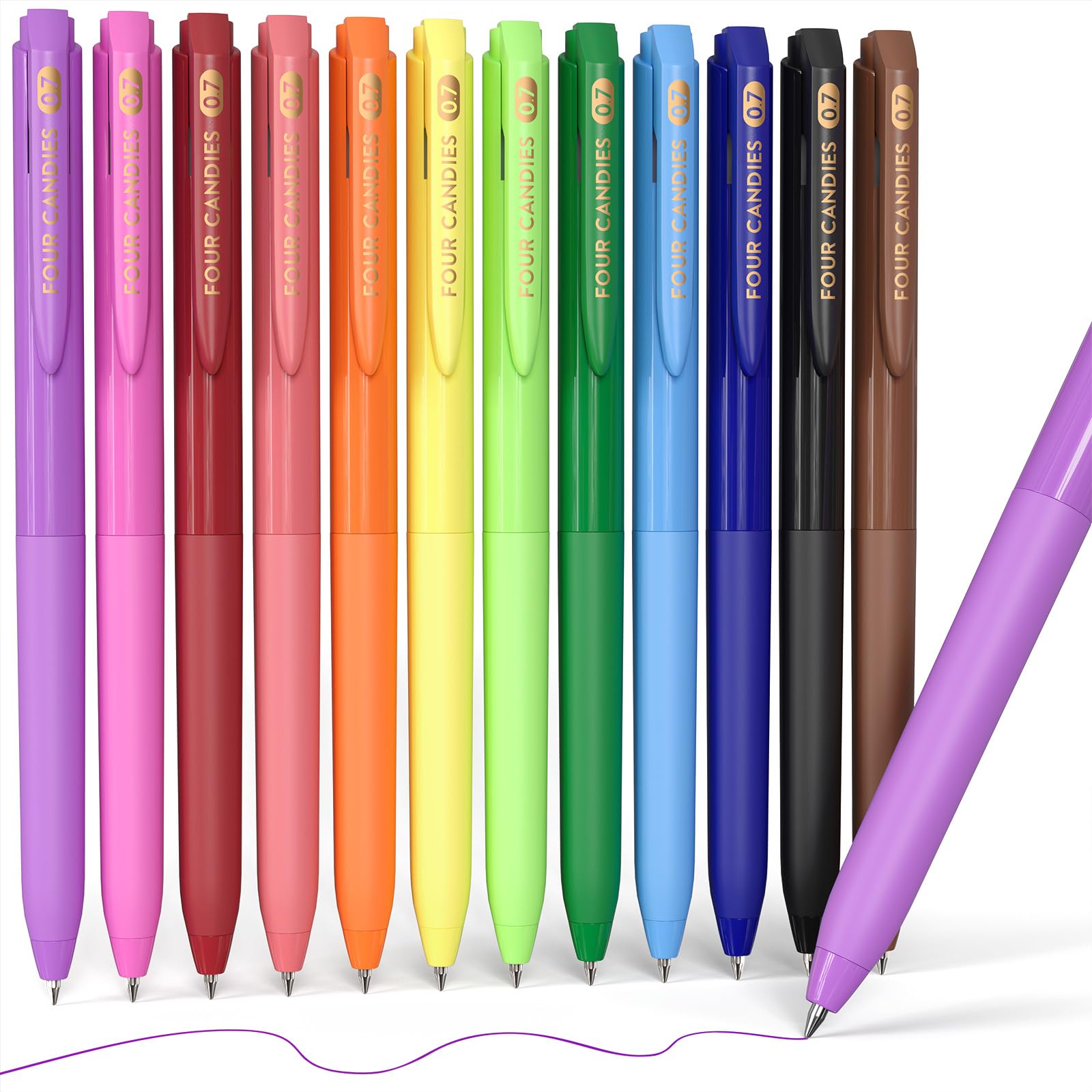 Four Candies Quick Dry Ink Colored Pens Set, 12 Colors Retractable Gel Pens, 0.7mm Fine Point Colorful Pen for Note Taking & Drawing, Colored Gel Pen with Comfort Grip
