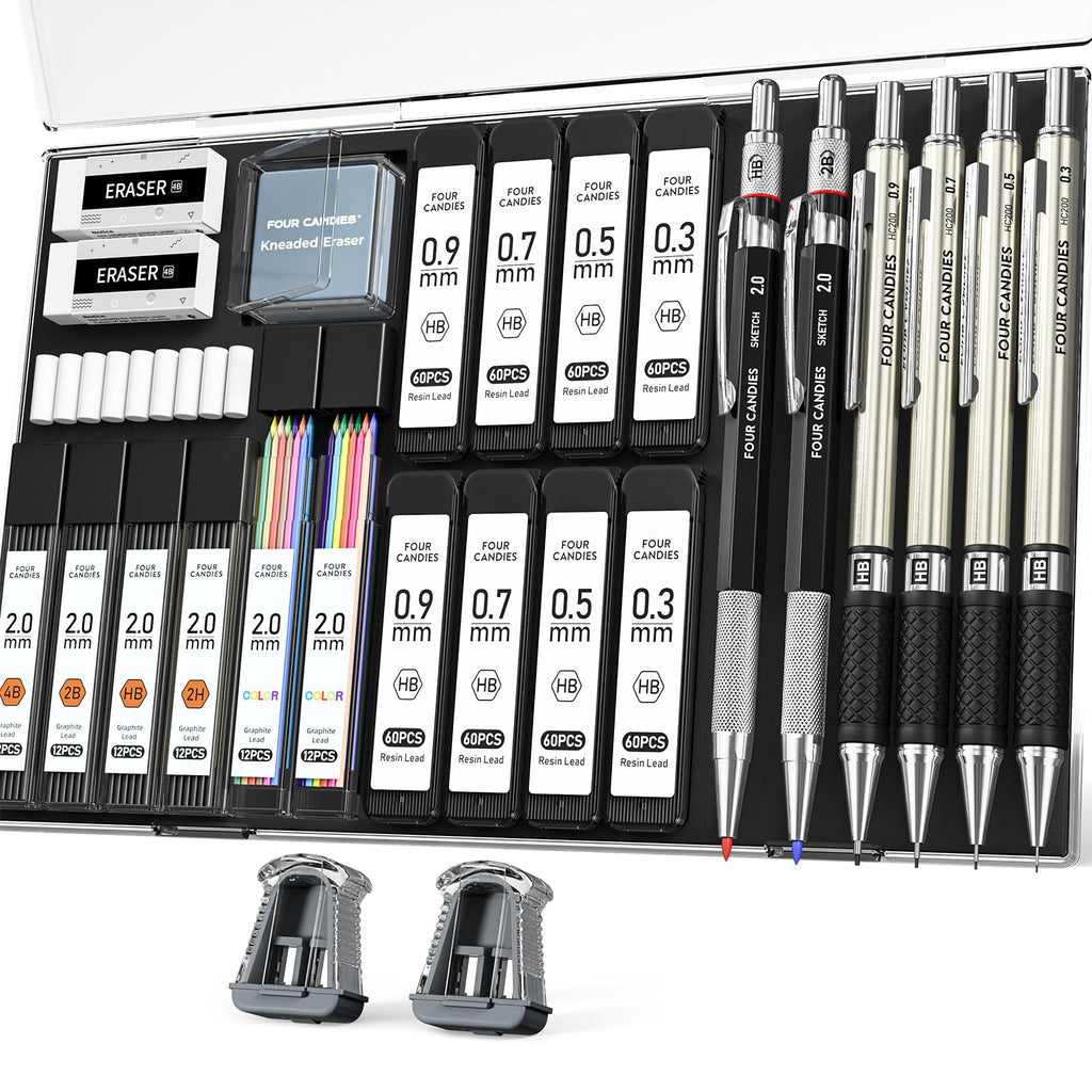 Four Candies 27PCS Art Mechanical Pencil Set with Case, 4PCS Metal Drawing Pencil 0.3, 0.5, 0.7, 0.9 mm & 2PCS 2mm Lead Holder (HB 2H 2B 4B Color) with 552 Graphite Lead Refills for Drawing Sketching