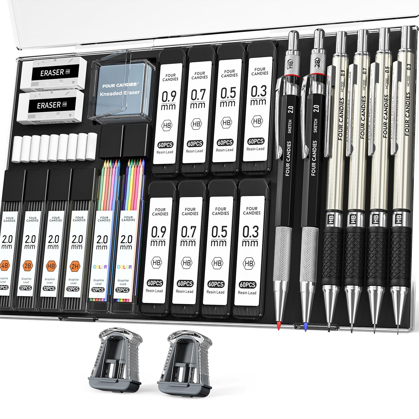 Four Candies 27PCS Art Mechanical Pencil Set with Case, 4PCS Metal Drawing Pencil 0.3, 0.5, 0.7, 0.9 mm & 2PCS 2mm Lead Holder (HB 2H 2B 4B Color) with 552 Graphite Lead Refills for Drawing Sketching