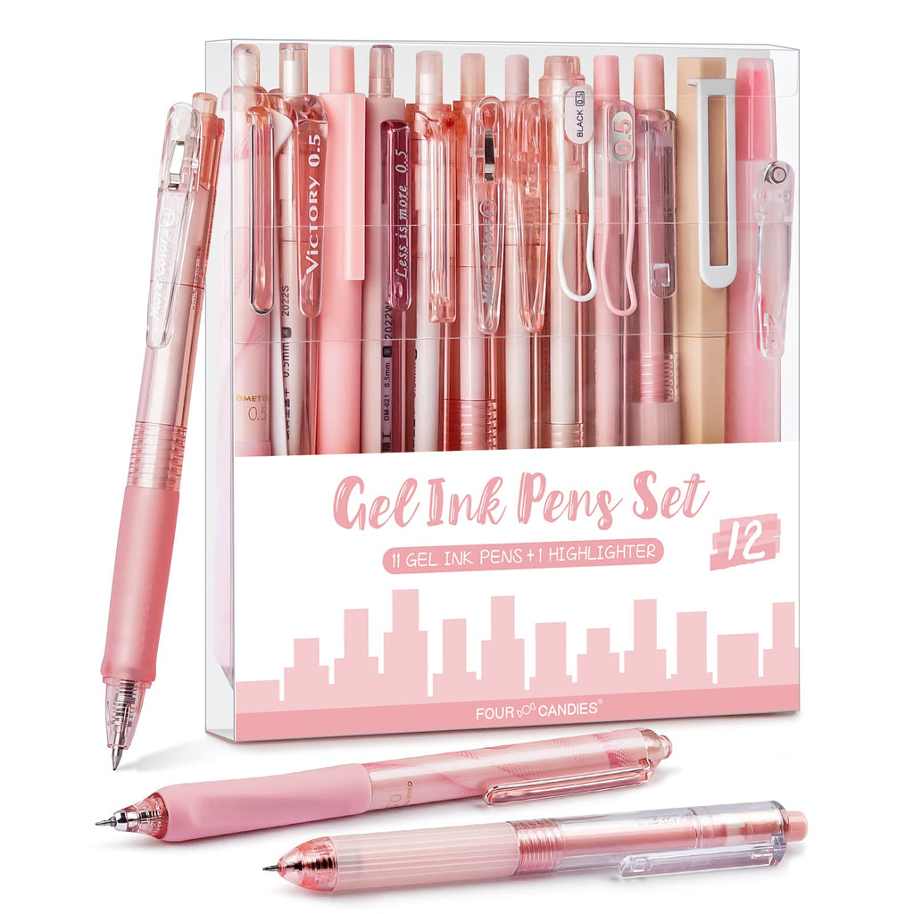 Four Candies Retractable Pink Pen Set, 11Pcs Black Ink Gel Pens(0.5mm), 1Pcs Pink Highlighter, 0.5mm Fine Point for Journaling, Writing and Note-Taking