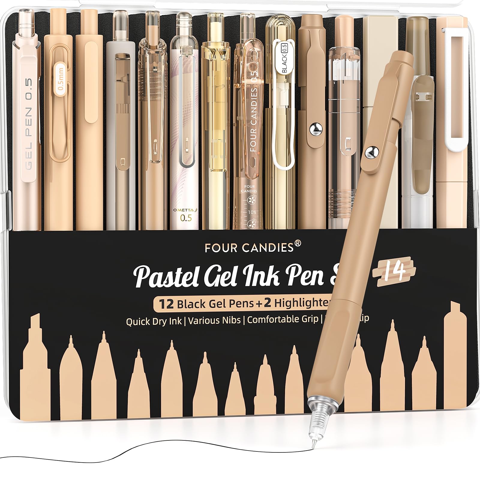 Four Candies 14Pack Pastel Gel Ink Pen Set with 12 PCS Cute Retractable 0.5mm Fine Point Pens with 2Pack Highlighter, Smooth Writing Pens (Brown)