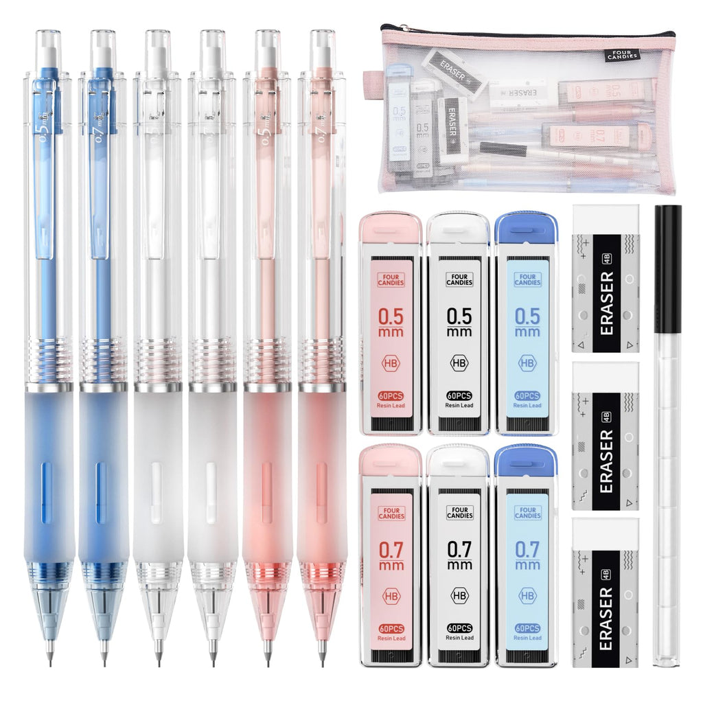 Four Candies Mechanical Pencil Set with Case, 6PCS Mechanical Pencils 0.5 & 0.7mm with 360PCS HB Lead Refills, 3PCS Erasers, 9PCS Eraser Refills, Aesthetic Mechanical Pencil for Drawing, Drafting