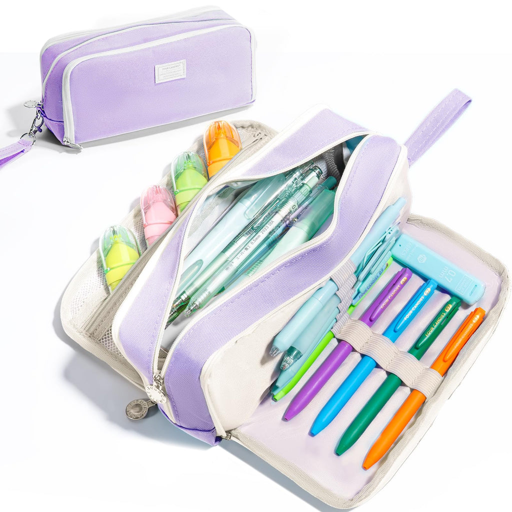 Four Candies Pencil Case 3 Compartment Pouch, Large Pencil Case for Women, Puple, Removable Handle & Zipper, Cute Pencil Bag for Office