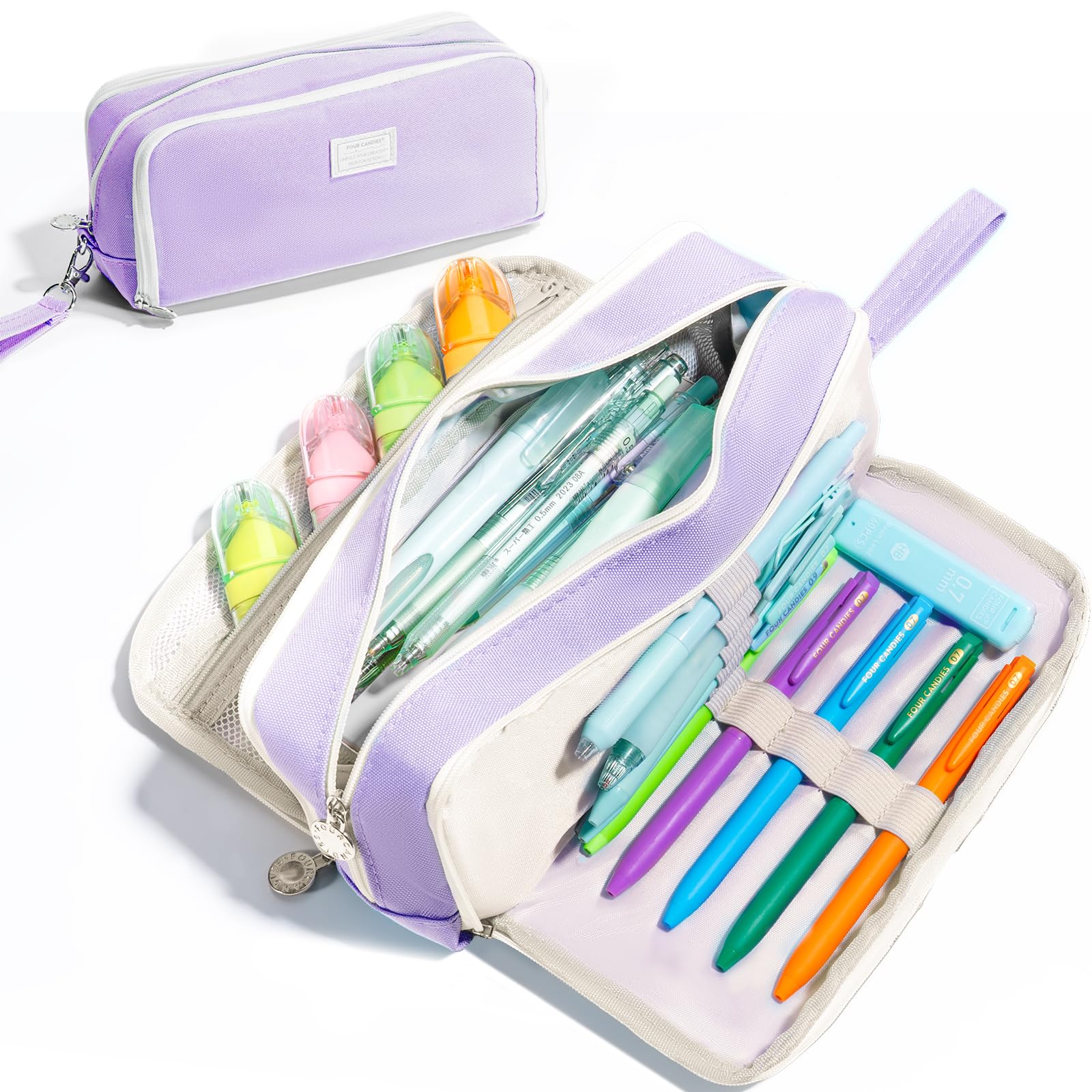 Four Candies Pencil Case 3 Compartment Pouch, Large Pencil Case for Women, Puple, Removable Handle & Zipper, Cute Pencil Bag for Office