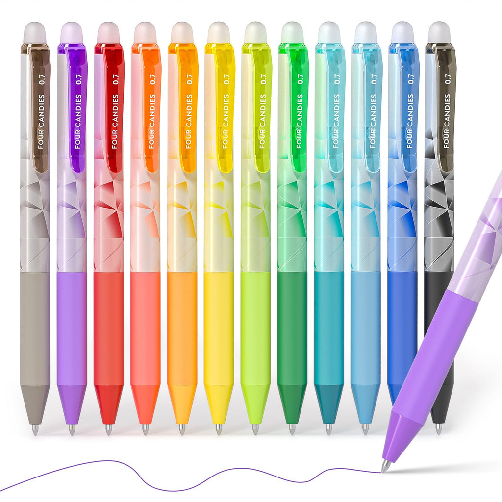 Four Candies 0.7mm Erasable Gel Pens, Make Mistakes Disappear Colored Pens, 12 Colors Retractable Fine Point Erasable Pens for Writing, Drawing, Planner Supplies