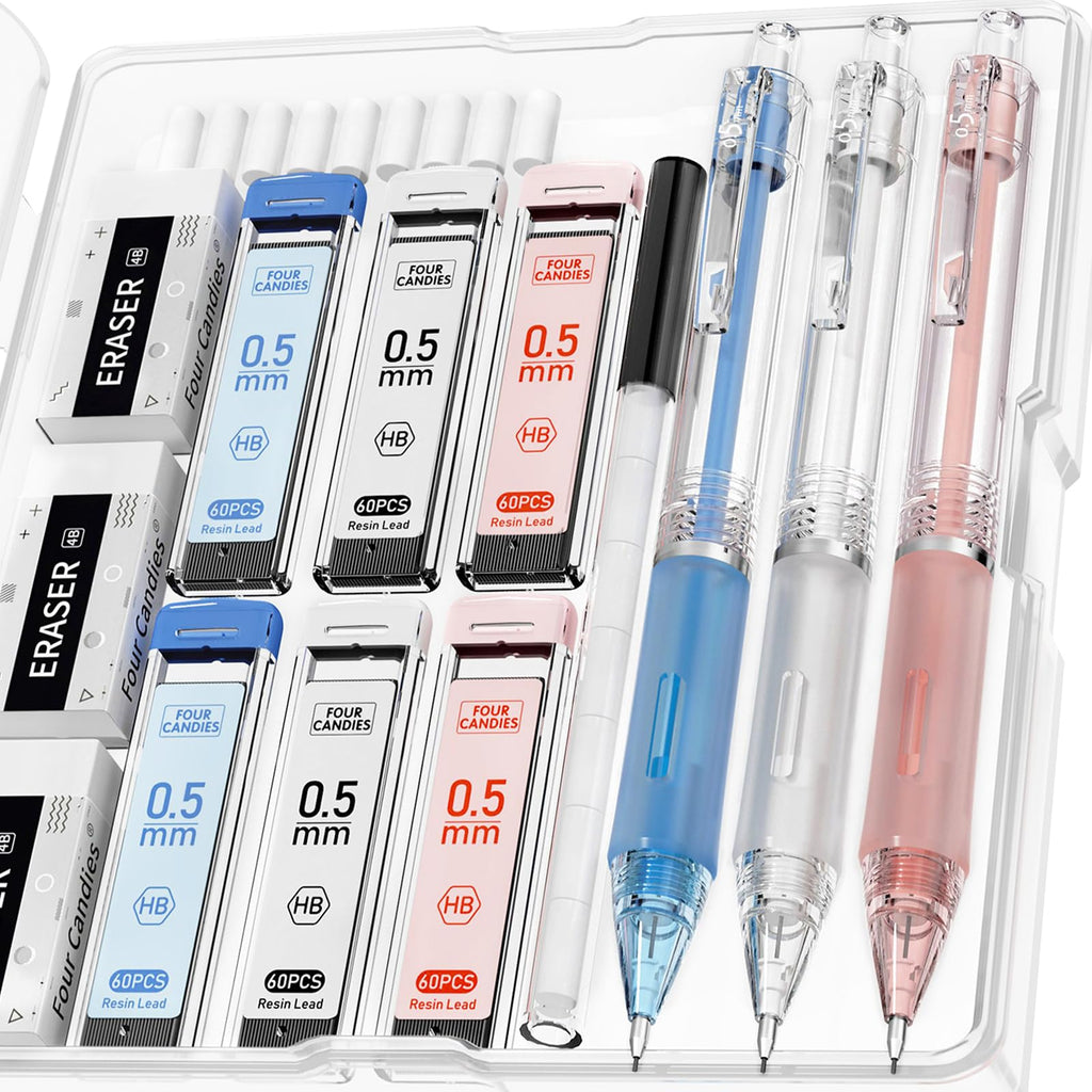 Four Candies Cute Mechanical Pencil Set, 3PCS Pastel Mechanical Pencils 0.5mm with 360PCS HB Lead Refills, 3PCS Erasers, 9PCS Eraser Refills for Writing