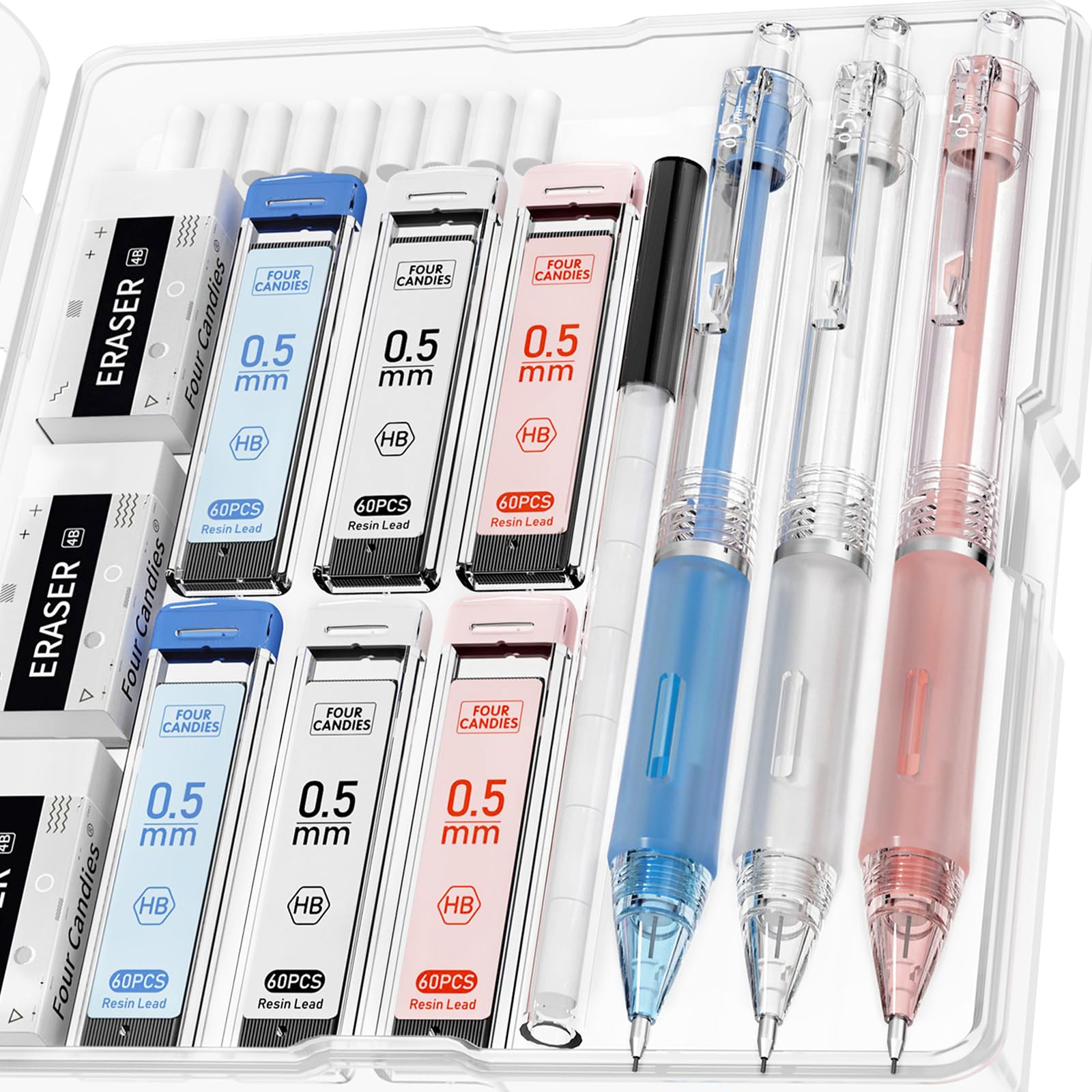 Four Candies Cute Mechanical Pencil Set, 3PCS Pastel Mechanical Pencils 0.5mm with 360PCS HB Lead Refills, 3PCS Erasers, 9PCS Eraser Refills for Writing