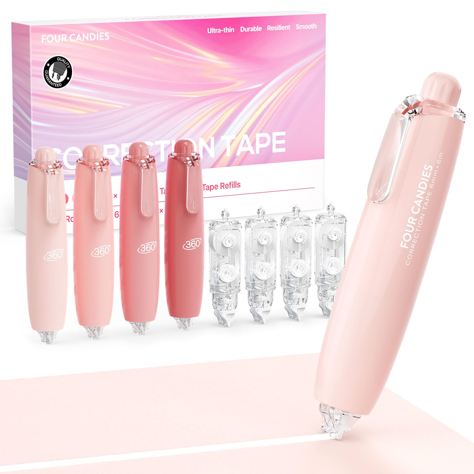 Four Candies 6MM Retractable White Correction Tape, 4PCS White Smooth Pull Out Correction Tape with 4 Extra Refills,Tear-Resistant Tape Pen & Quick Drying (Pink)