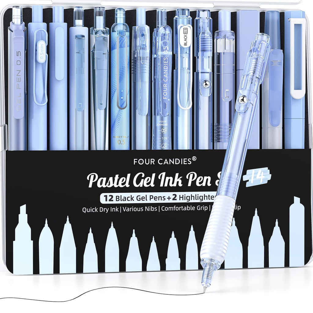 Four Candies Pastel Gel Ink Pen Set with 12 Black Ink Pens & 2 Highlighters, 0.5mm, 14 Pack