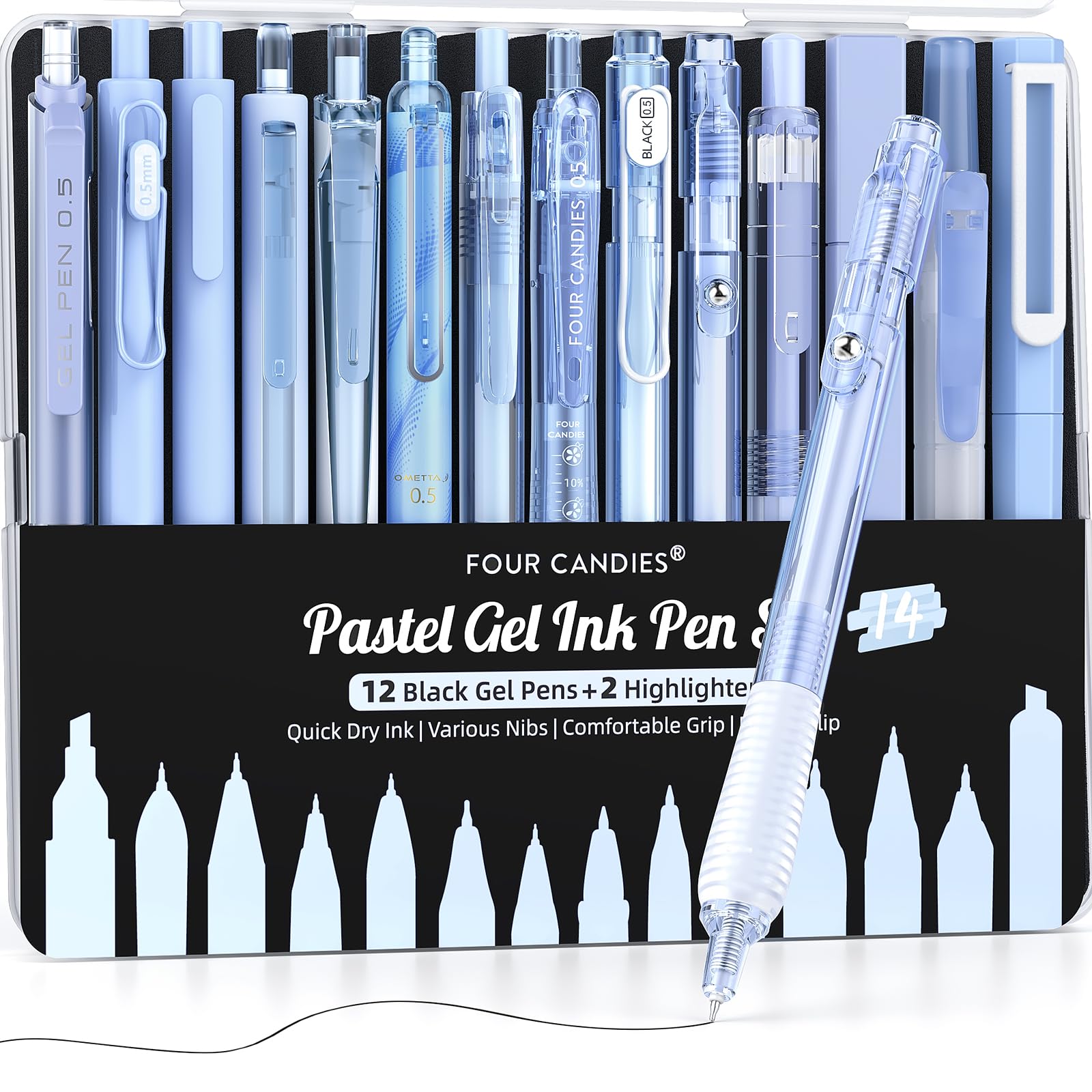 Four Candies Pastel Gel Ink Pen Set with 12 Black Ink Pens & 2 Highlighters, 0.5mm, 14 Pack