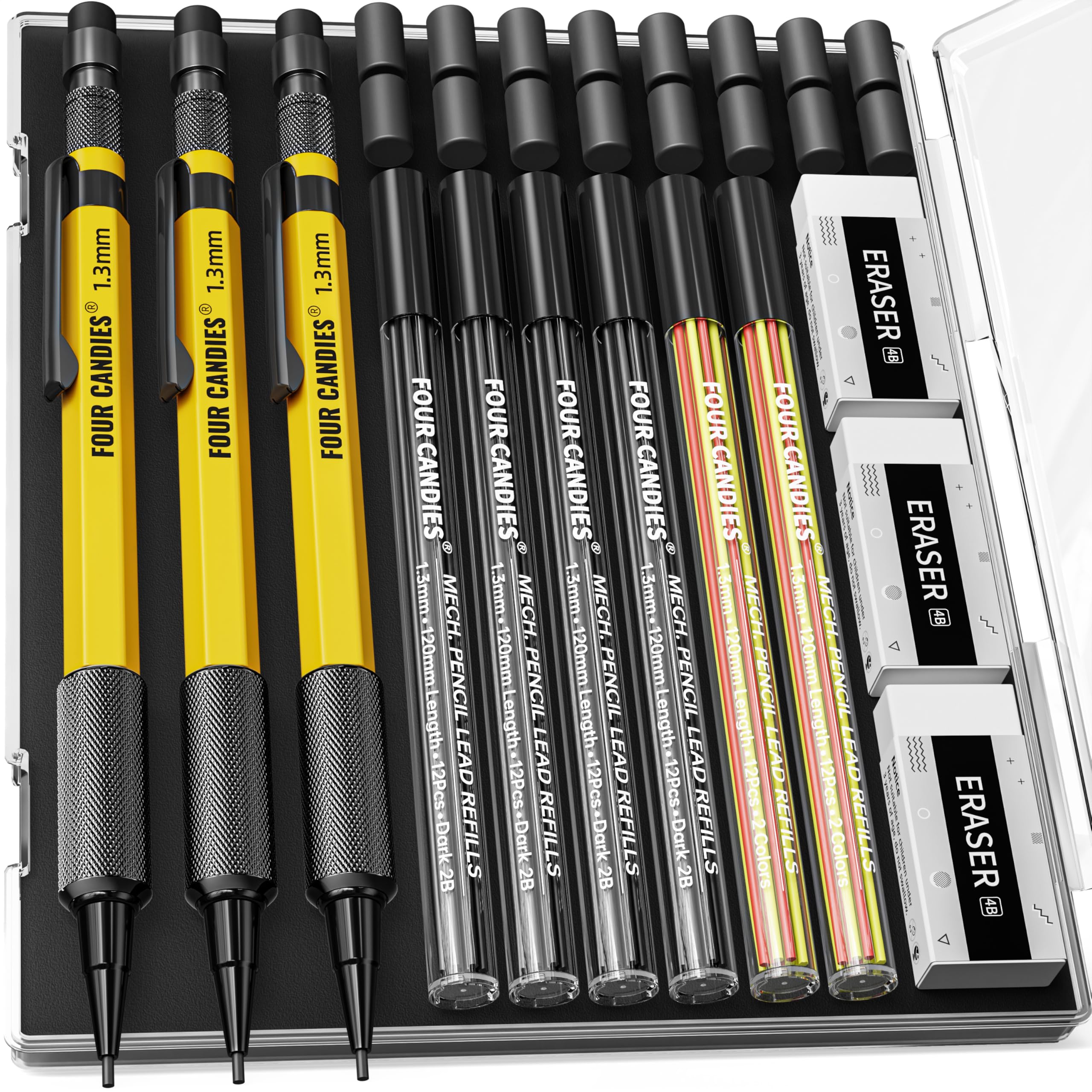 Four Candies 3PCS 1.3mm Mechanical Pencil Set with Case, Metal Heavy Duty Carpenter Pencils with 48 Refill(Red,Black,Yellow) 3Eraser, 12Eraser Refill, Weatherproof Body Outdoor Woodworking Marking