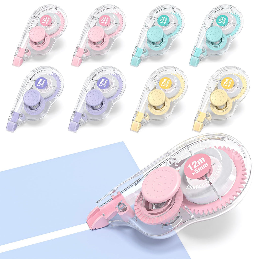 Four Candies White Correction Tape, 39.4 Feet, 8 Pack Easy to Use Applicator for Instant Corrections, Tear-Resistant, Smooth & Quick-Drying Tape