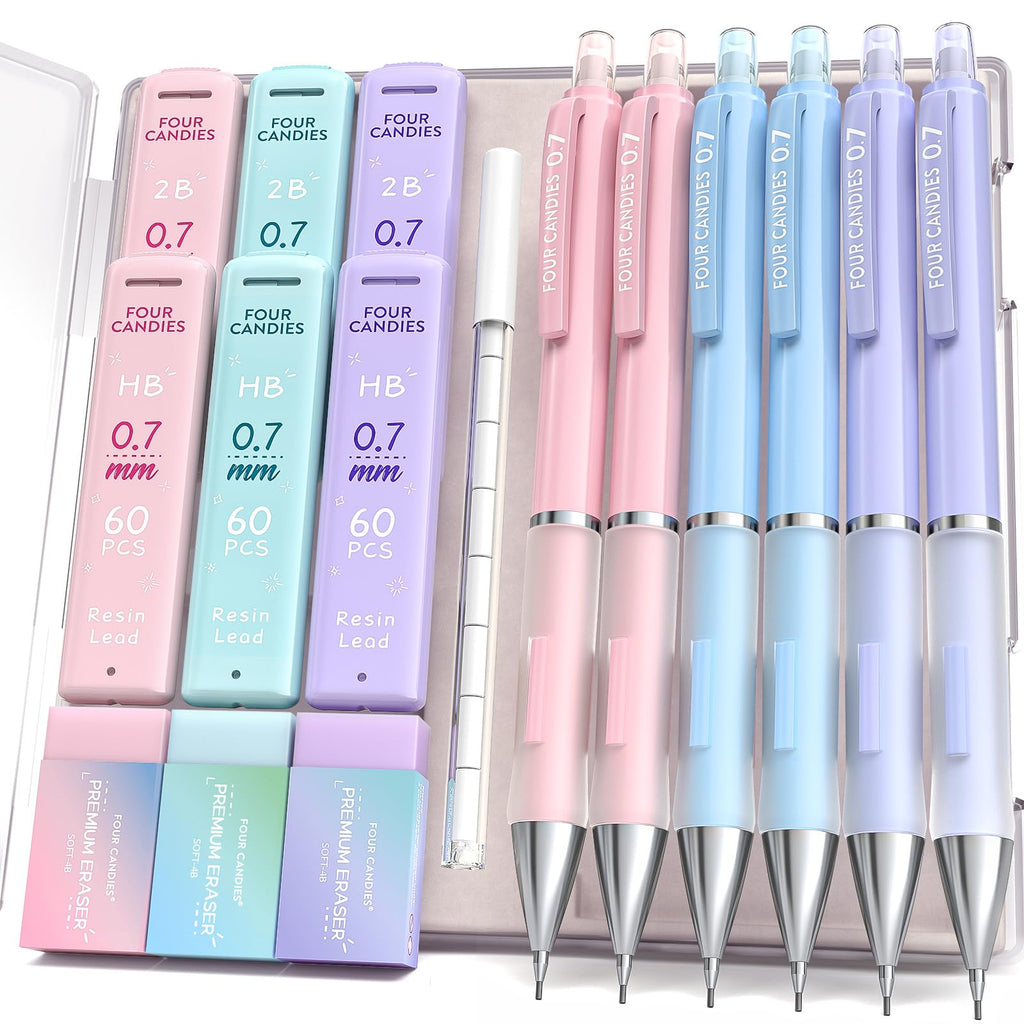 Four Candies 0.7mm Mechanical Pencil Set - 6PCS Cute Pencils with 360PCS HB & 2B Lead Refills, 3PCS Pastel Erasers and 9PCS Eraser Refills, Aesthetic Supplies for Writing Drawing