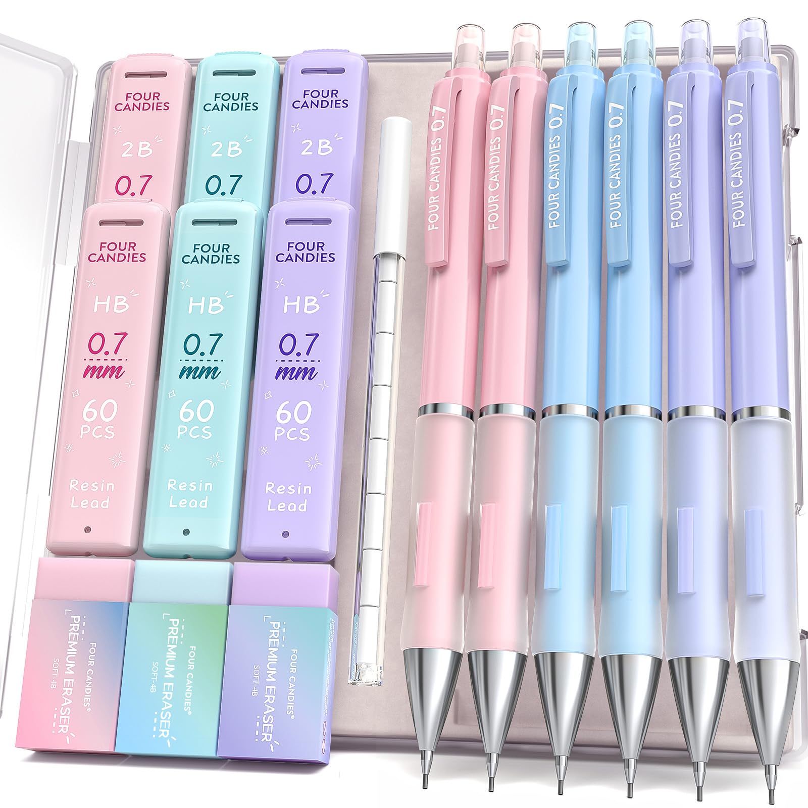 Four Candies 0.7mm Mechanical Pencil Set - 6PCS Cute Pencils with 360PCS HB & 2B Lead Refills, 3PCS Pastel Erasers and 9PCS Eraser Refills, Aesthetic Supplies for Writing Drawing