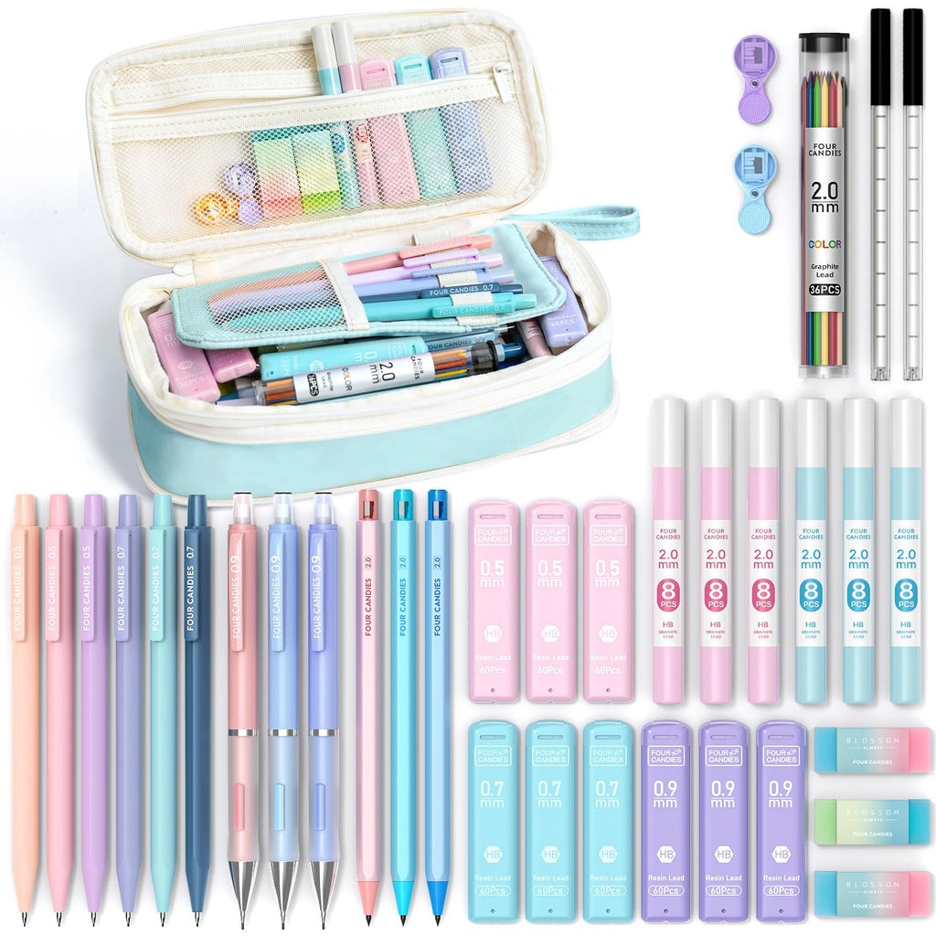 Four Candies 36PCS Aesthetic Supplies, Mechanical Pencil Set 0.5mm, 0.7mm, 0.9mm & 2.0mm with 624 Lead Refills, for Writing & Drawing, Ideal Stationary Set Gift (Blue)
