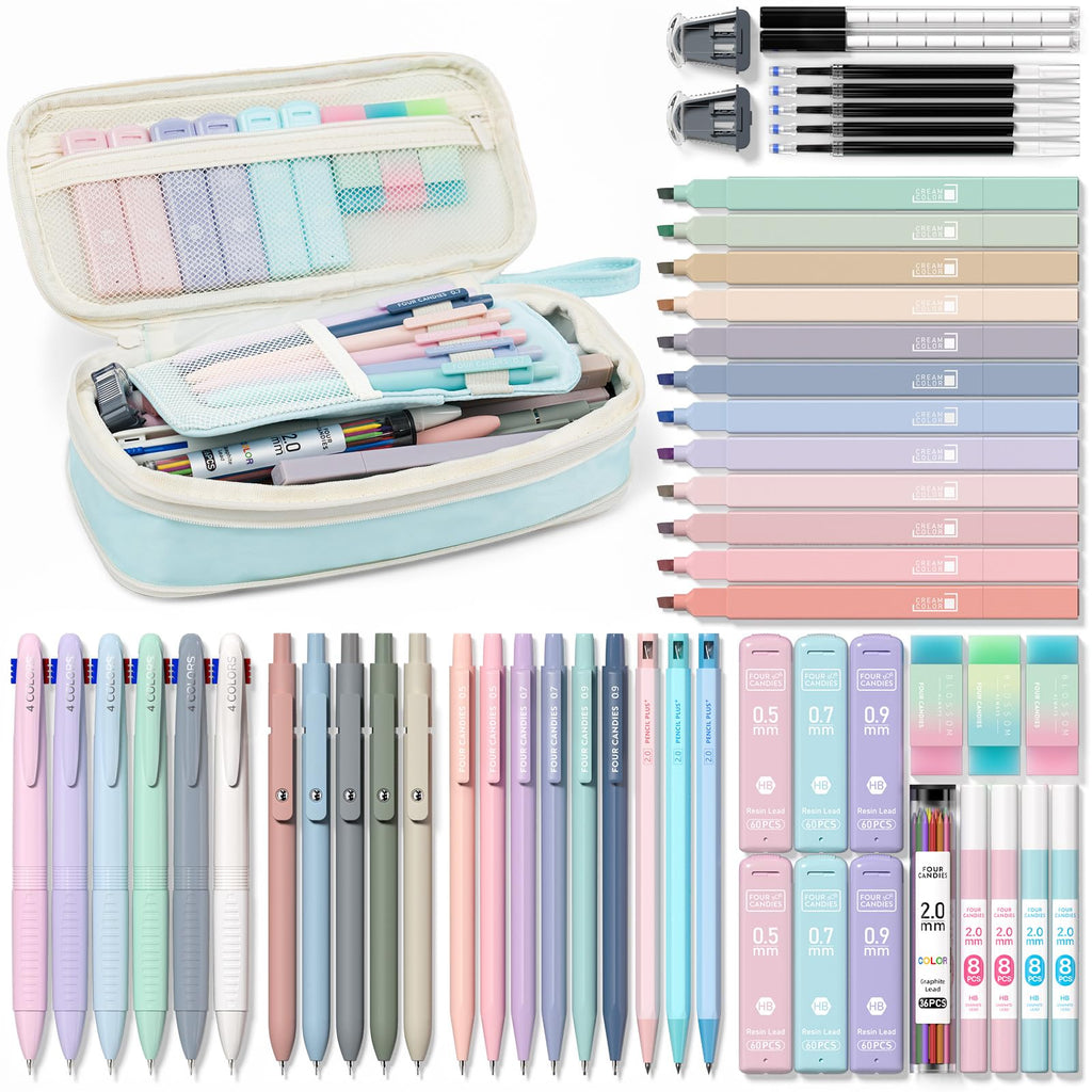 Four Candies 56 PCS Aesthetic Supplies with Cute Pencil Case, 6 Multicolor Pen, 12 Pastel Highlighters, 5 Gel Pens Black Ink, 9 Mechanical Pencils for Stationary Set Preppy Stuff (Blue)