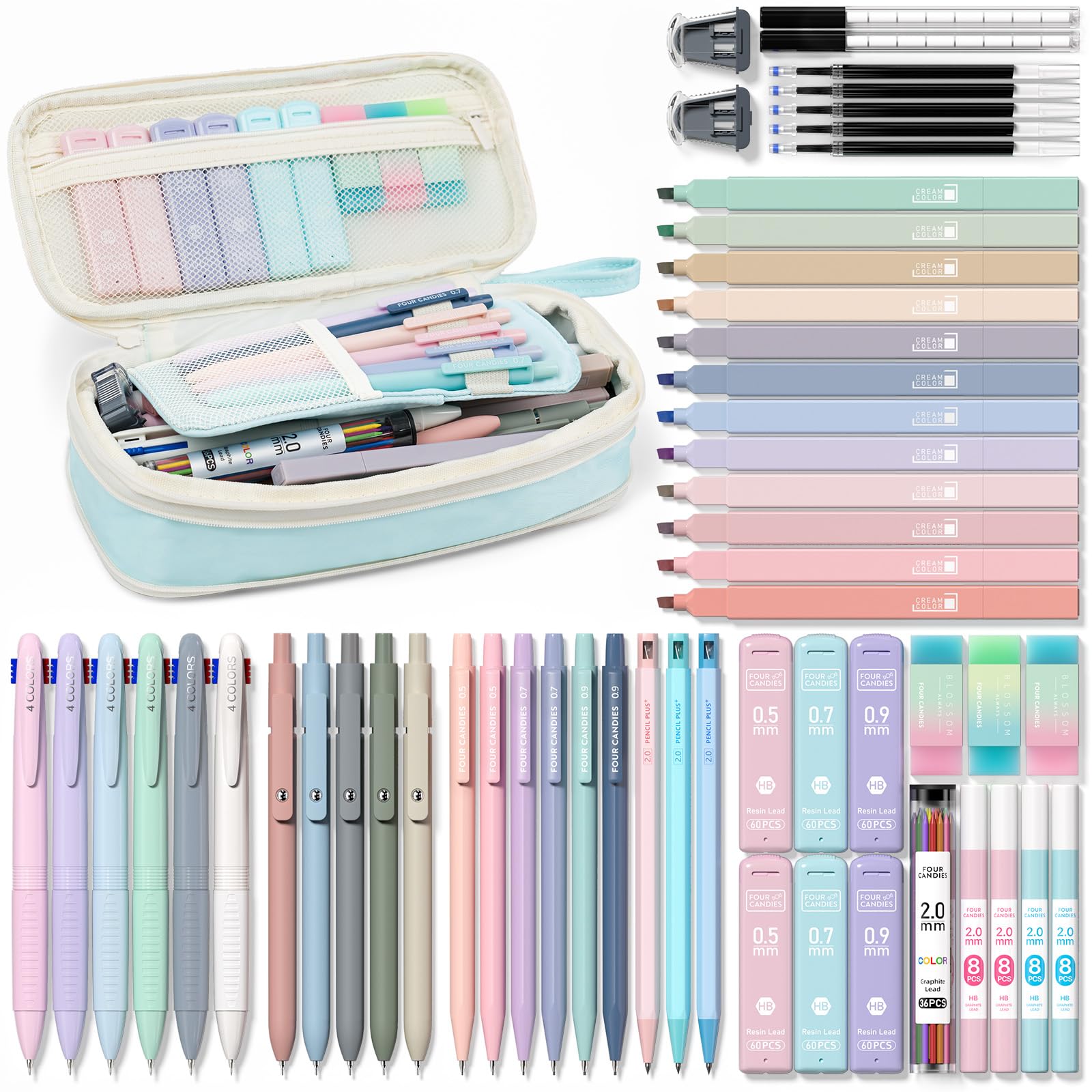 Four Candies 56 PCS Aesthetic Supplies with Cute Pencil Case, 6 Multicolor Pen, 12 Pastel Highlighters, 5 Gel Pens Black Ink, 9 Mechanical Pencils for Stationary Set Preppy Stuff (Blue)