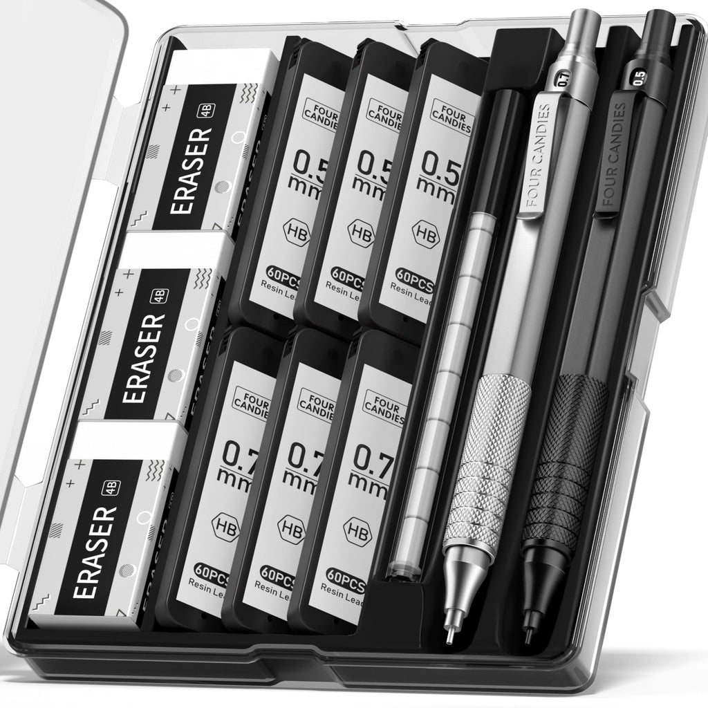 Four Candies 2PCS Metal Mechanical Pencils Set(0.5mm & 0.7 mm) with 6 Tubes (360PCS) HB Lead Refills, 3 Erasers,9 Eraser Refills, Black&Sliver