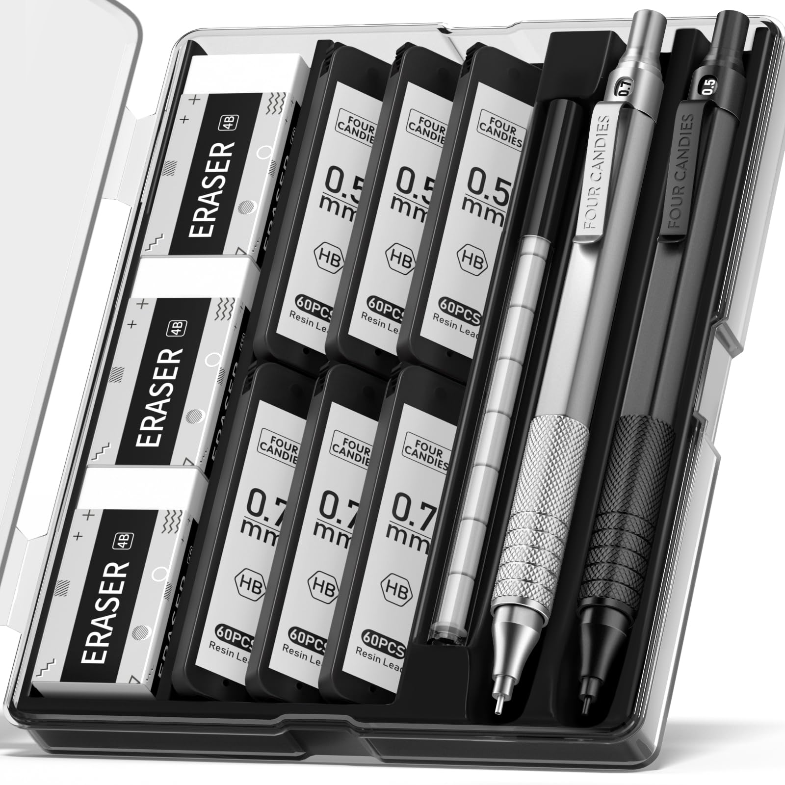 Four Candies 2PCS Metal Mechanical Pencils Set(0.5mm & 0.7 mm) with 6 Tubes (360PCS) HB Lead Refills, 3 Erasers,9 Eraser Refills, Black&Sliver