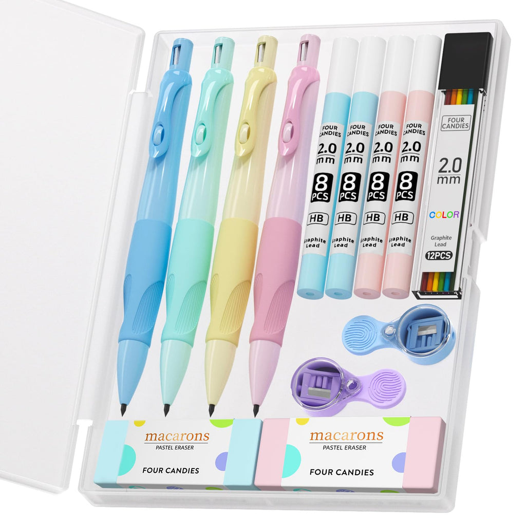 Four Candies 4PCS Cute Mechanical Pencil Set, 2.0mm Ergonomic Mechanical Pencil with 44PCS HB Pencil Leads, 2PCS Sharpeners/Erasers, for Writing and Drawing