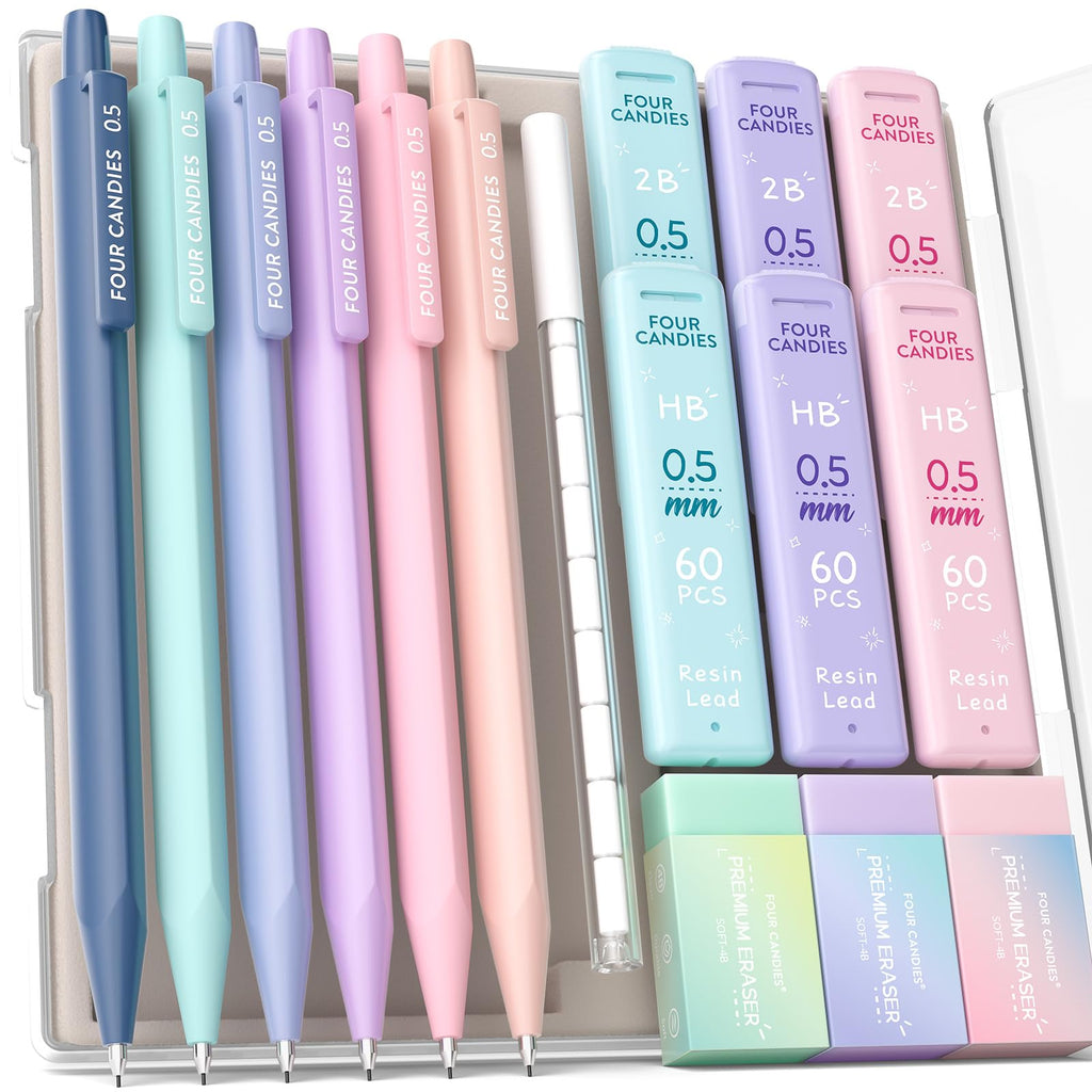 Four Candies Mechanical Pencils 0.5, with HB & 2B Lead Refills 0.5mm, Pastel Eraser Set & Eraser Refills, 16-Count Pack with Case for Writing, Drawing and Drafting