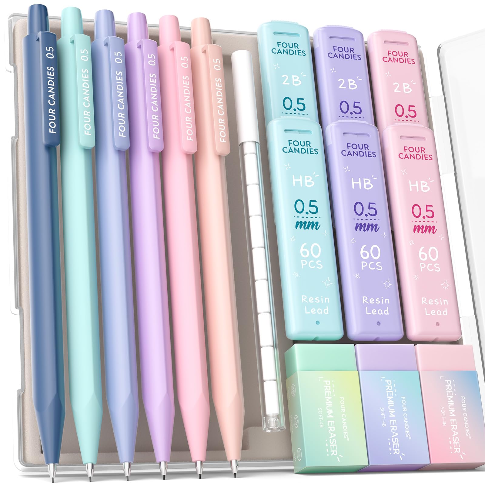 Four Candies Mechanical Pencils 0.5, with HB & 2B Lead Refills 0.5mm, Pastel Eraser Set & Eraser Refills, 16-Count Pack with Case for Writing, Drawing and Drafting