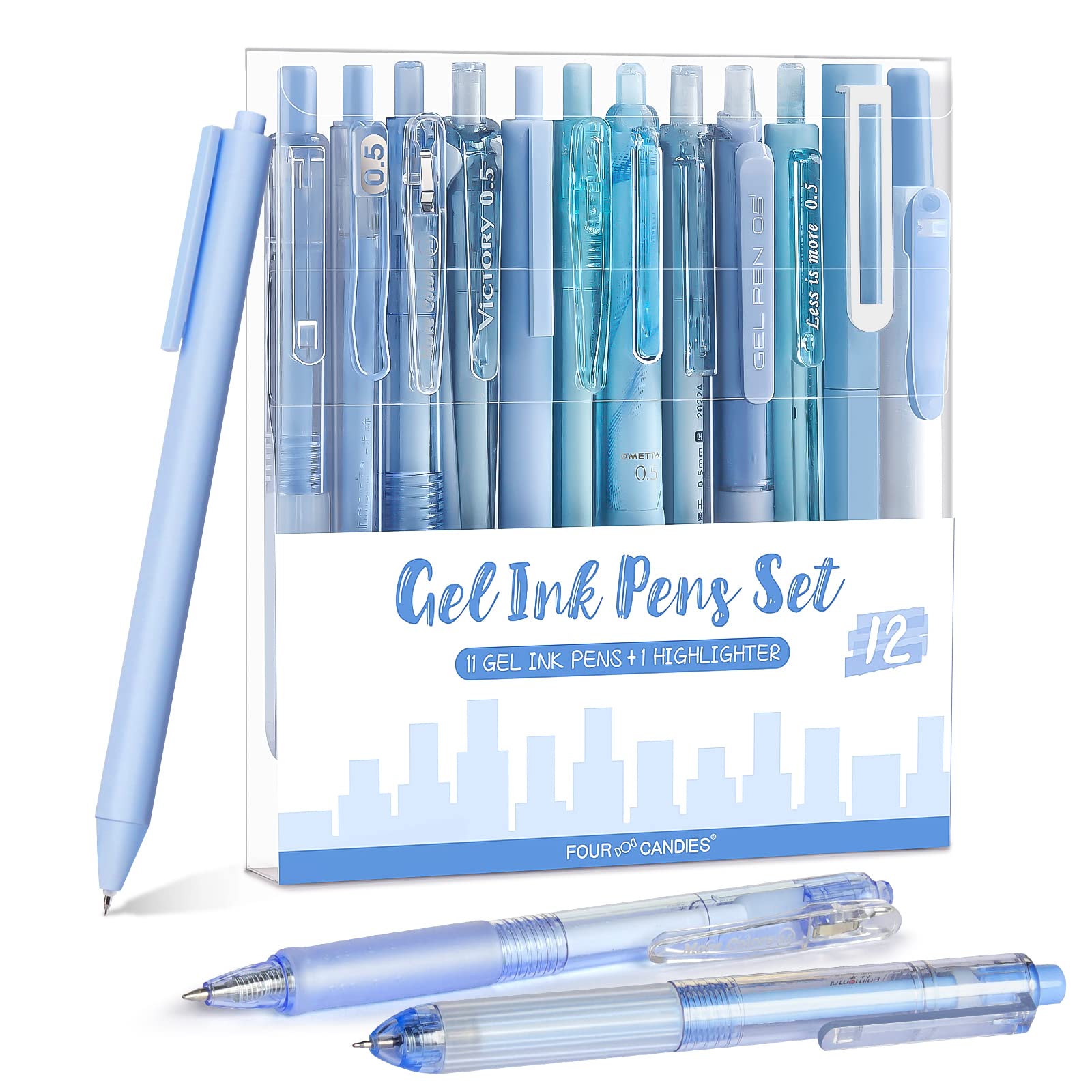 Four Candies Retractable Pen Set, 11Pcs Black Ink Gel Pens(0.5mm), 1Pcs Blue Highlighter, 0.5mm Fine Point for Journaling, Writing and Note-Taking