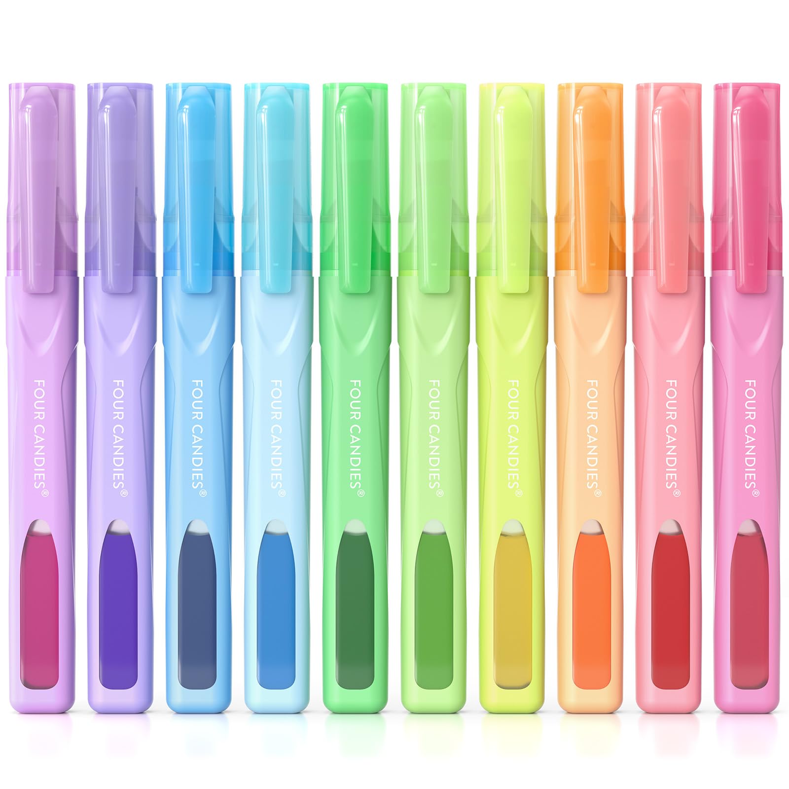 Four Candies Cute Pastel Highlighters, 10 PCS Highlighters Assorted Colors, Soft Chisel Tip, Clear Ink View, Aesthetic Highlighters Set for Organizing and Coloring